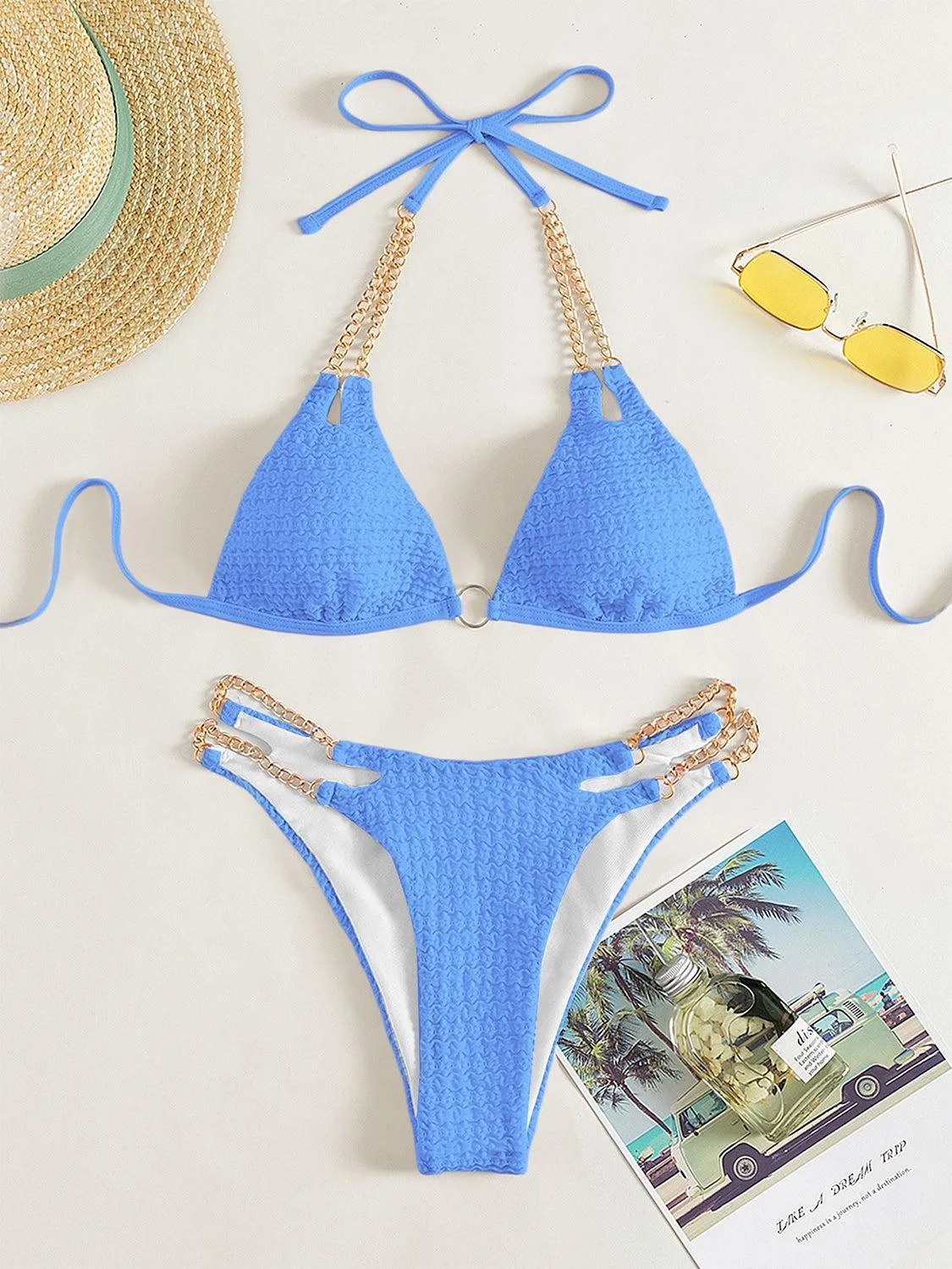 Expensive Look Chain Detail High Cut Bikini Set