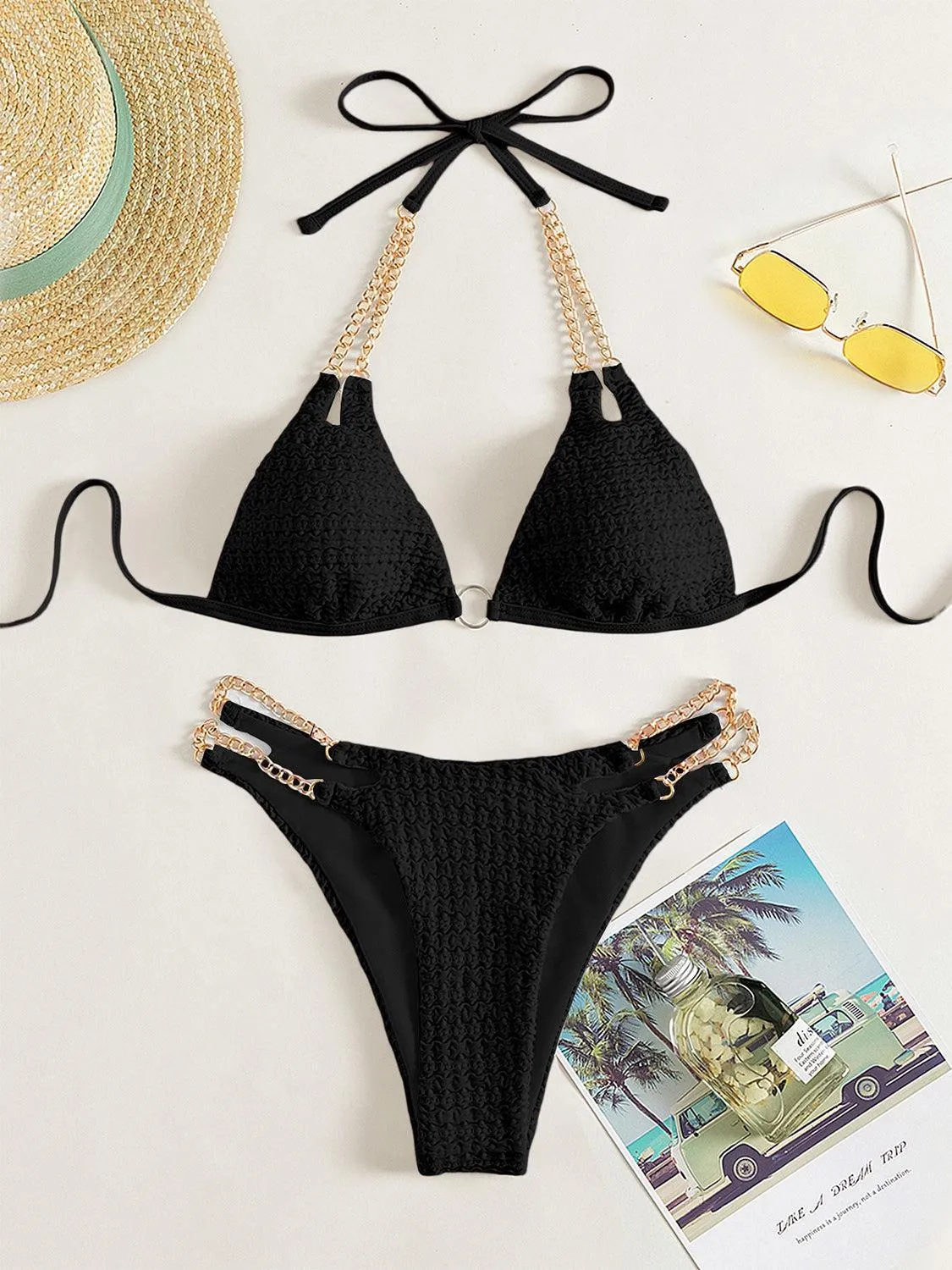 Expensive Look Chain Detail High Cut Bikini Set