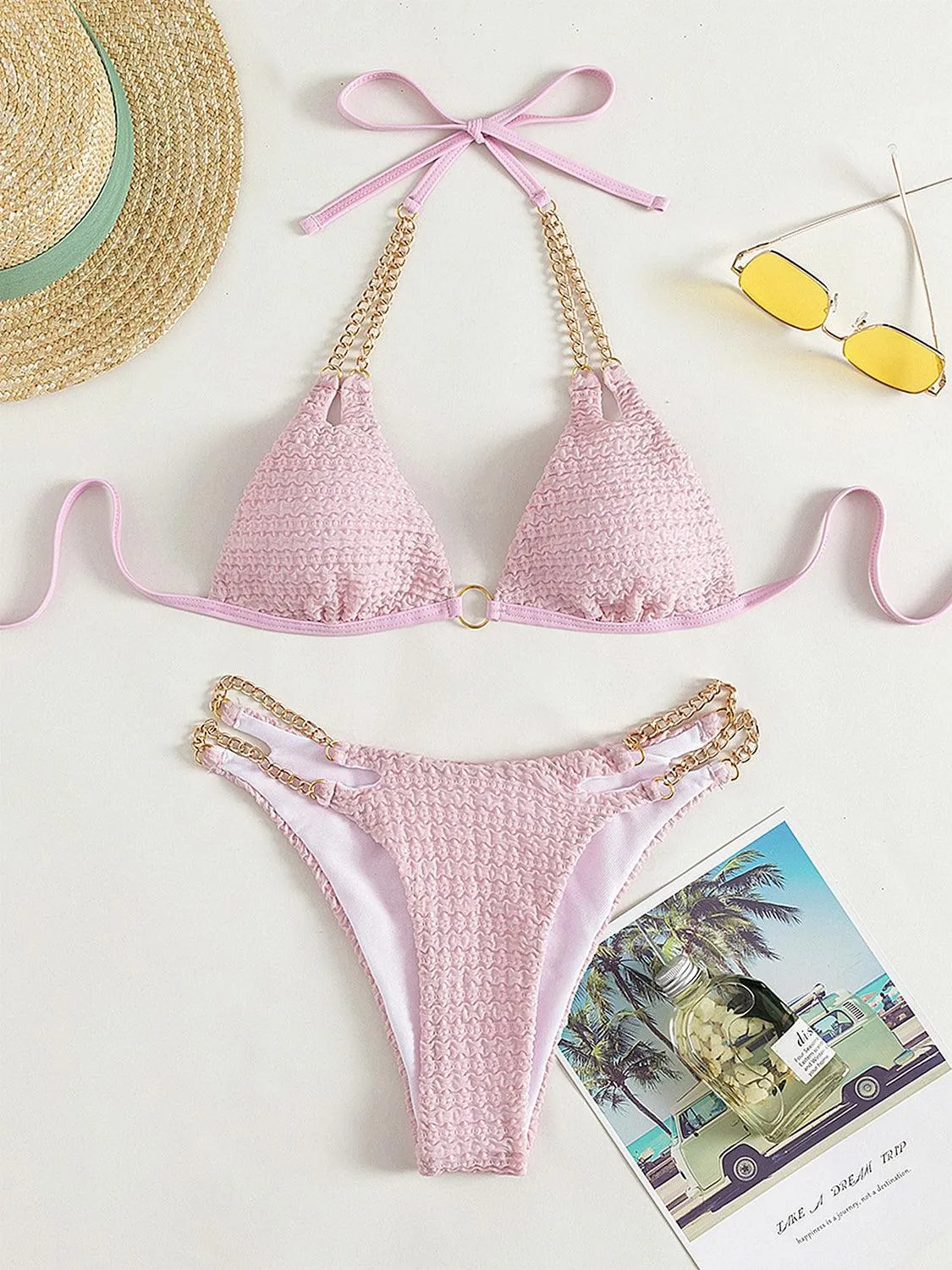 Expensive Look Chain Detail High Cut Bikini Set