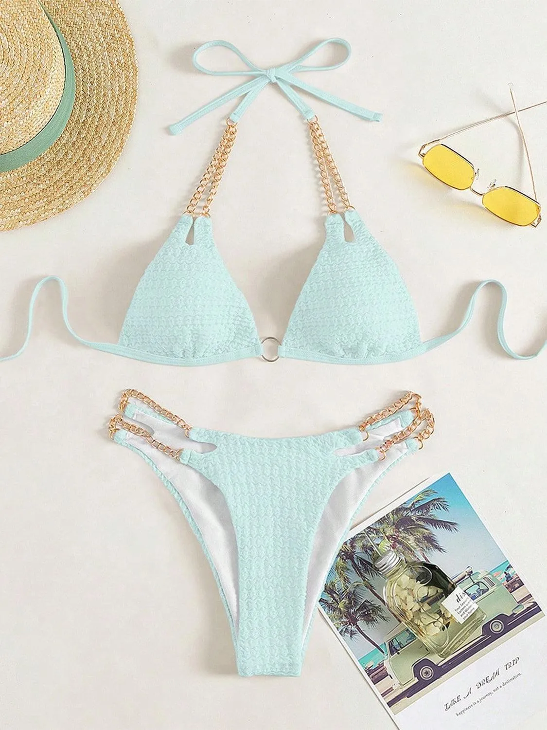 Expensive Look Chain Detail High Cut Bikini Set
