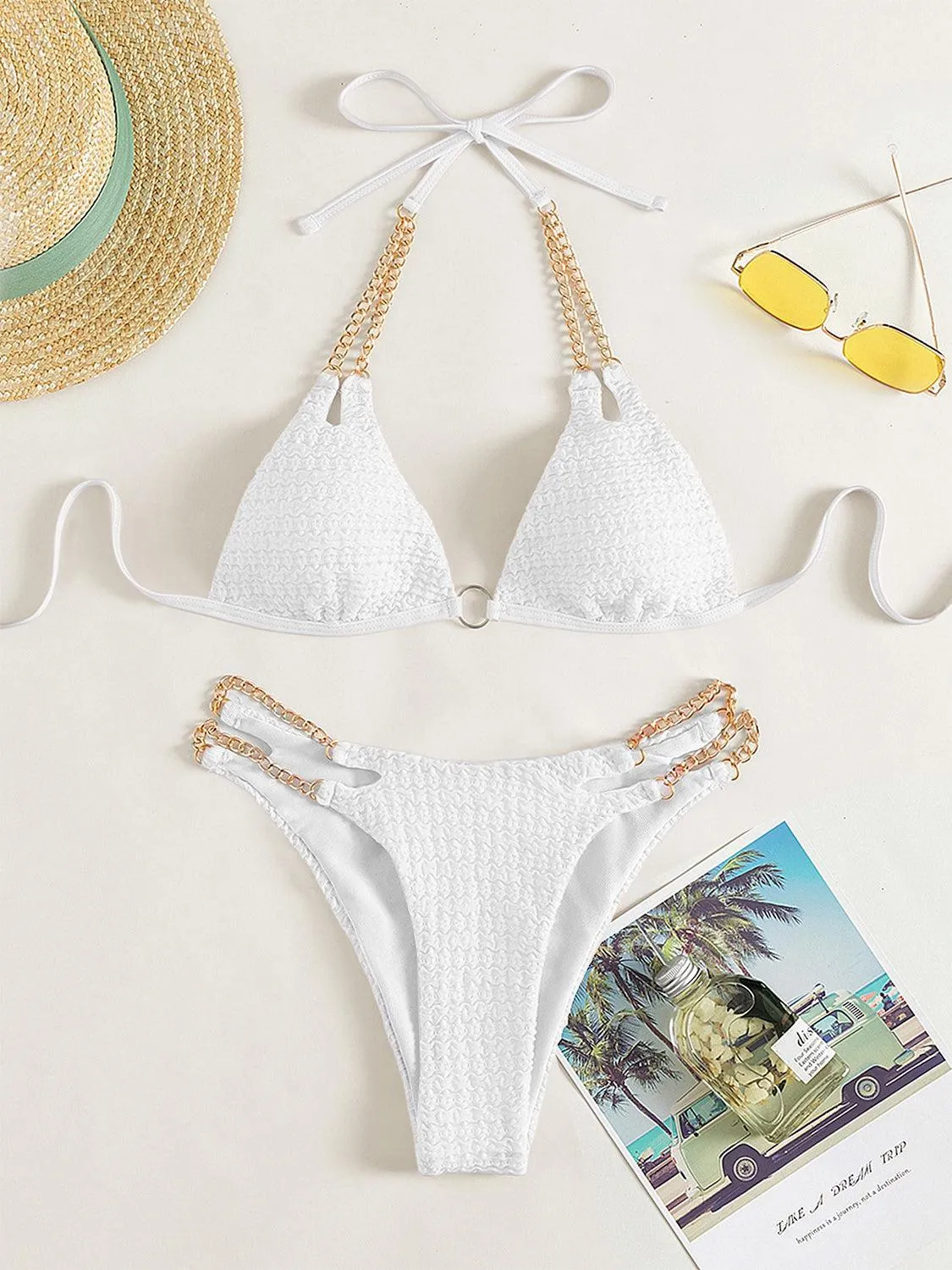 Expensive Look Chain Detail High Cut Bikini Set