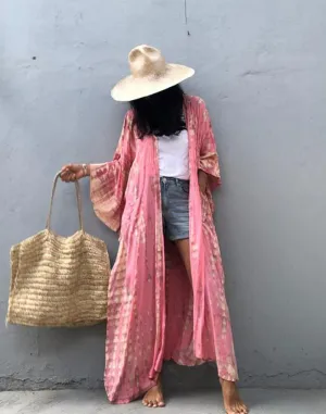 FULLFITALL - Pink Hooded Printed Beach Vacation Swimsuit Cover Up