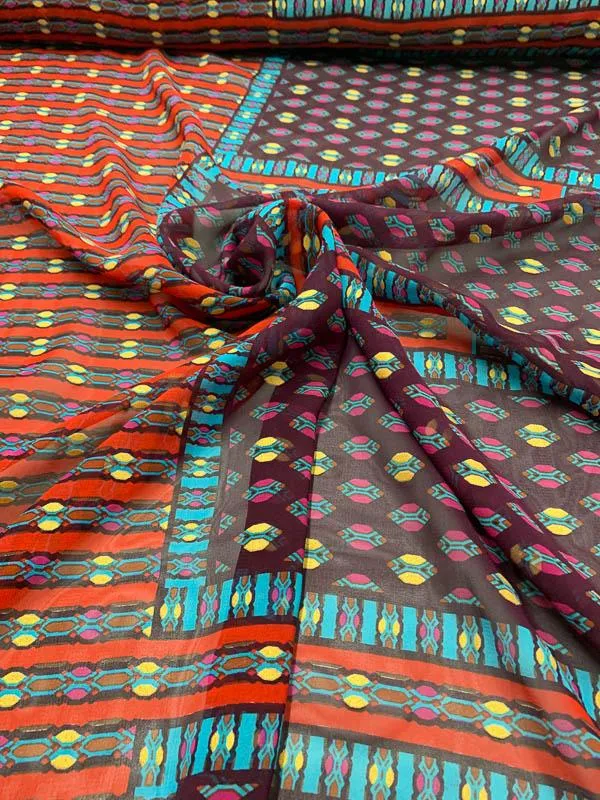 Geometric Gold Leaf Printed Silk Chiffon - Maroon / Magenta / Gold