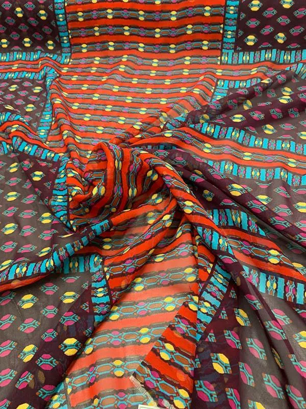 Geometric Gold Leaf Printed Silk Chiffon - Maroon / Magenta / Gold