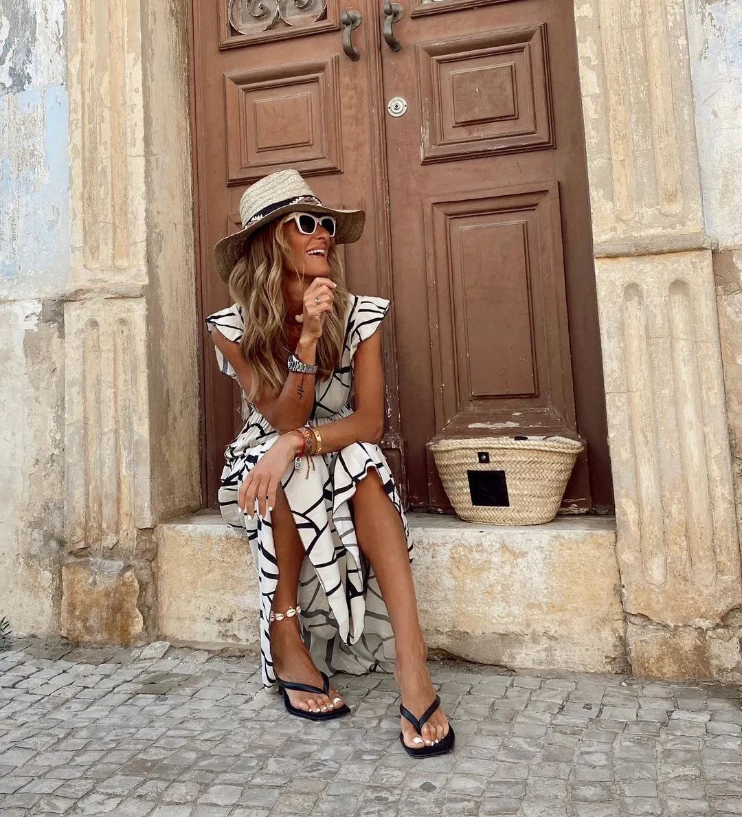 Geometric Printed Lotus Leaf Hem Maxi Dress