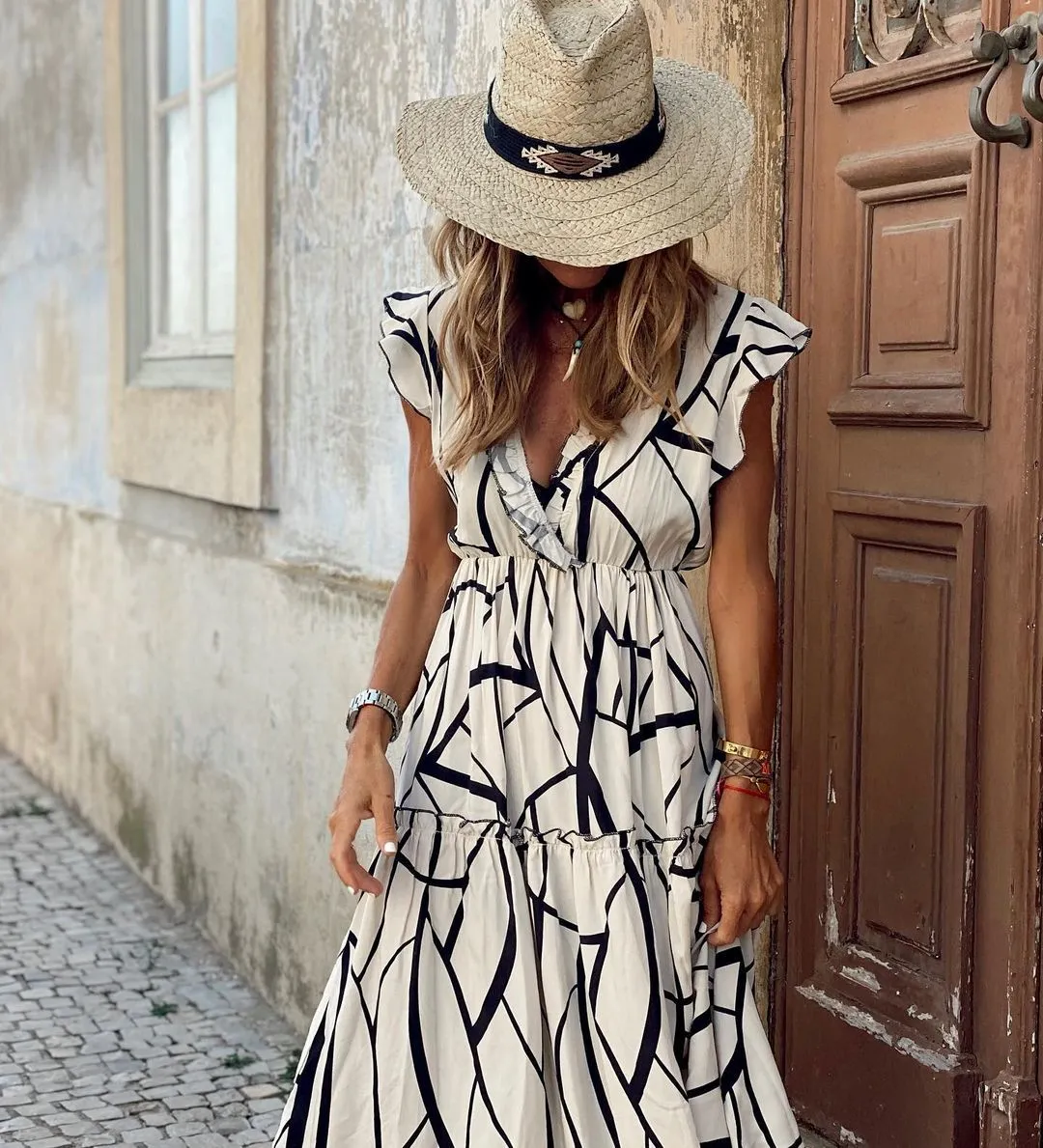 Geometric Printed Lotus Leaf Hem Maxi Dress