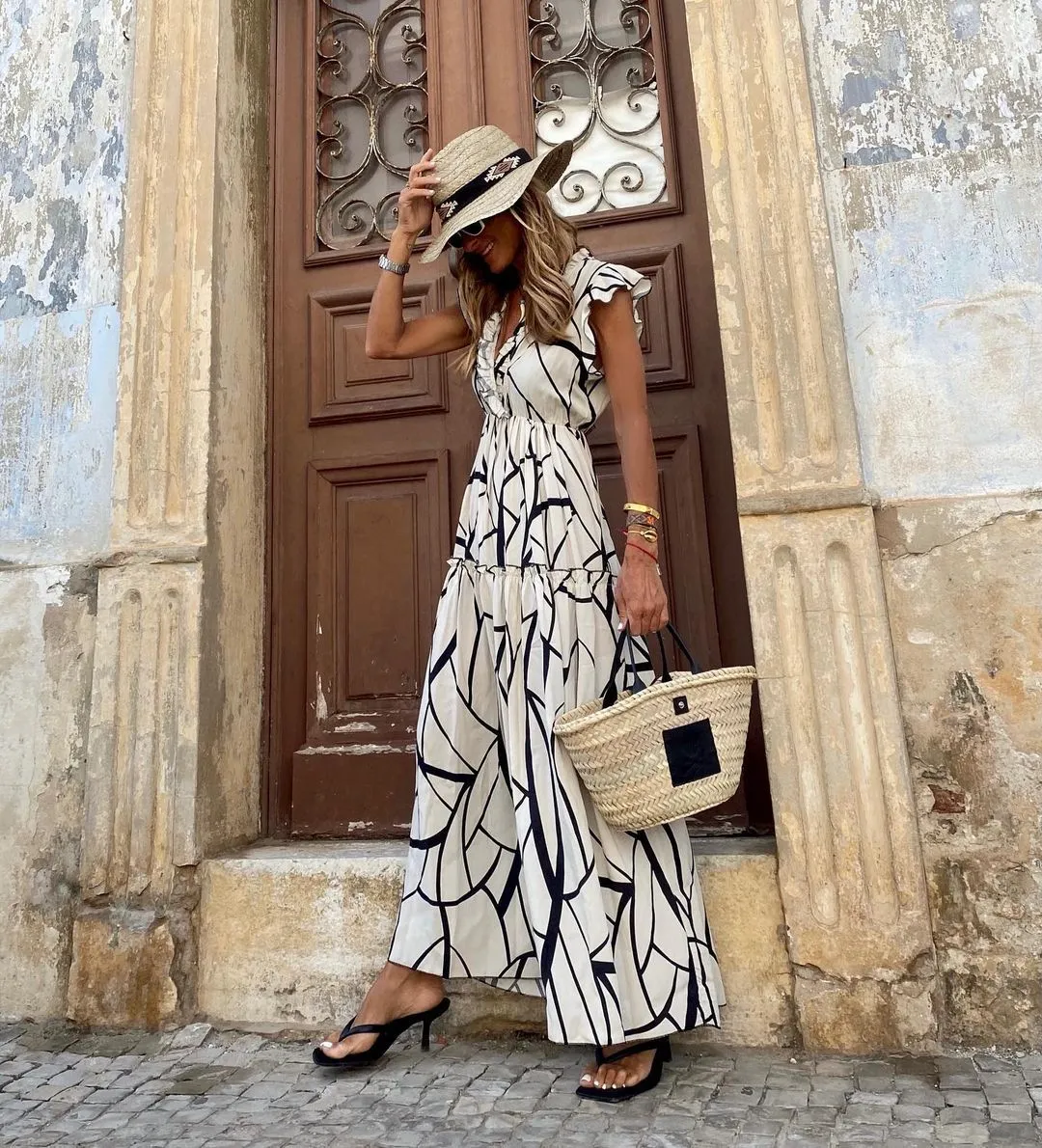 Geometric Printed Lotus Leaf Hem Maxi Dress
