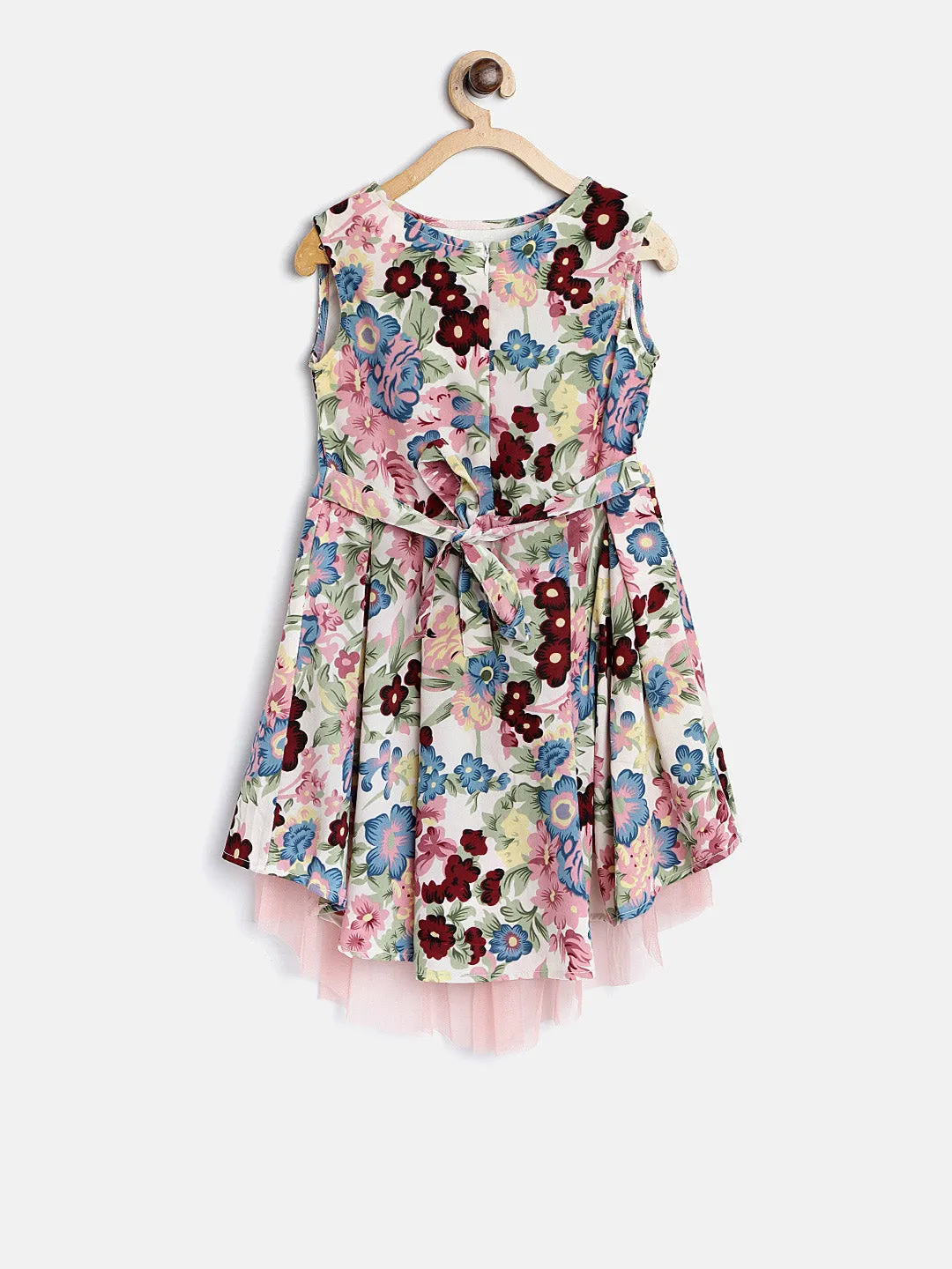 Girls Multicolor Crepe Floral Printed High-Low Dress