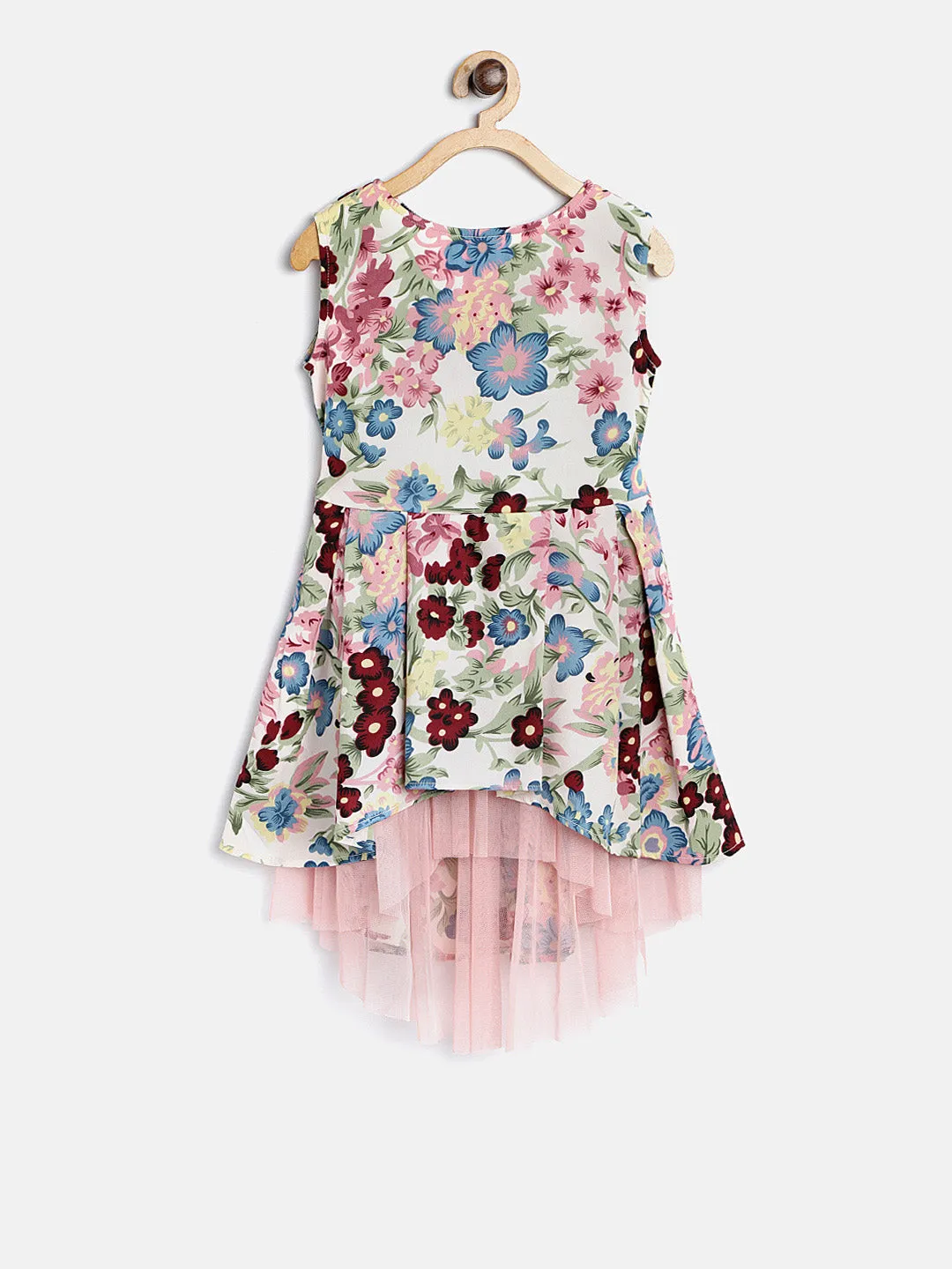 Girls Multicolor Crepe Floral Printed High-Low Dress
