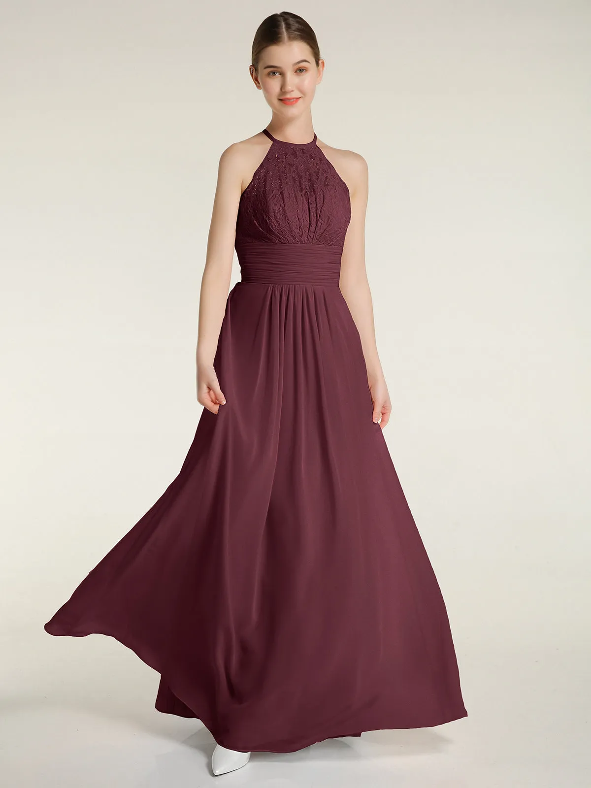 Halter Chiffon And Lace Long Dresses Cabernet