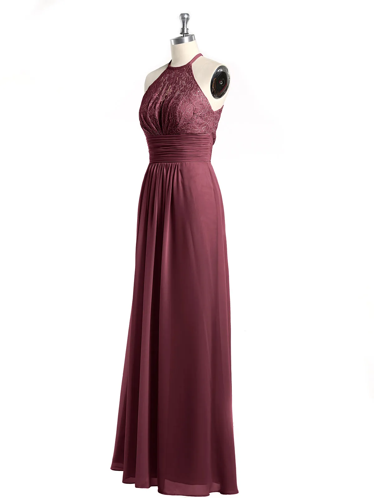 Halter Chiffon And Lace Long Dresses Cabernet