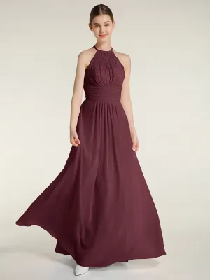 Halter Chiffon And Lace Long Dresses Cabernet