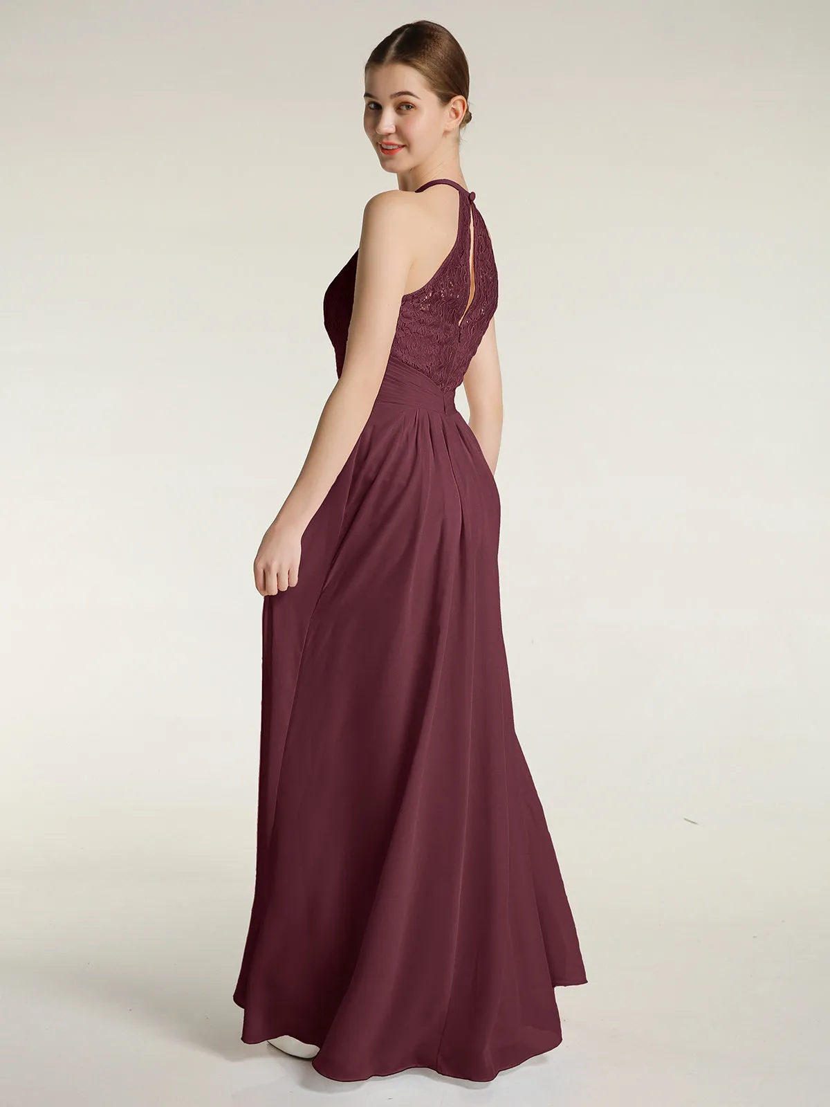 Halter Chiffon And Lace Long Dresses Cabernet