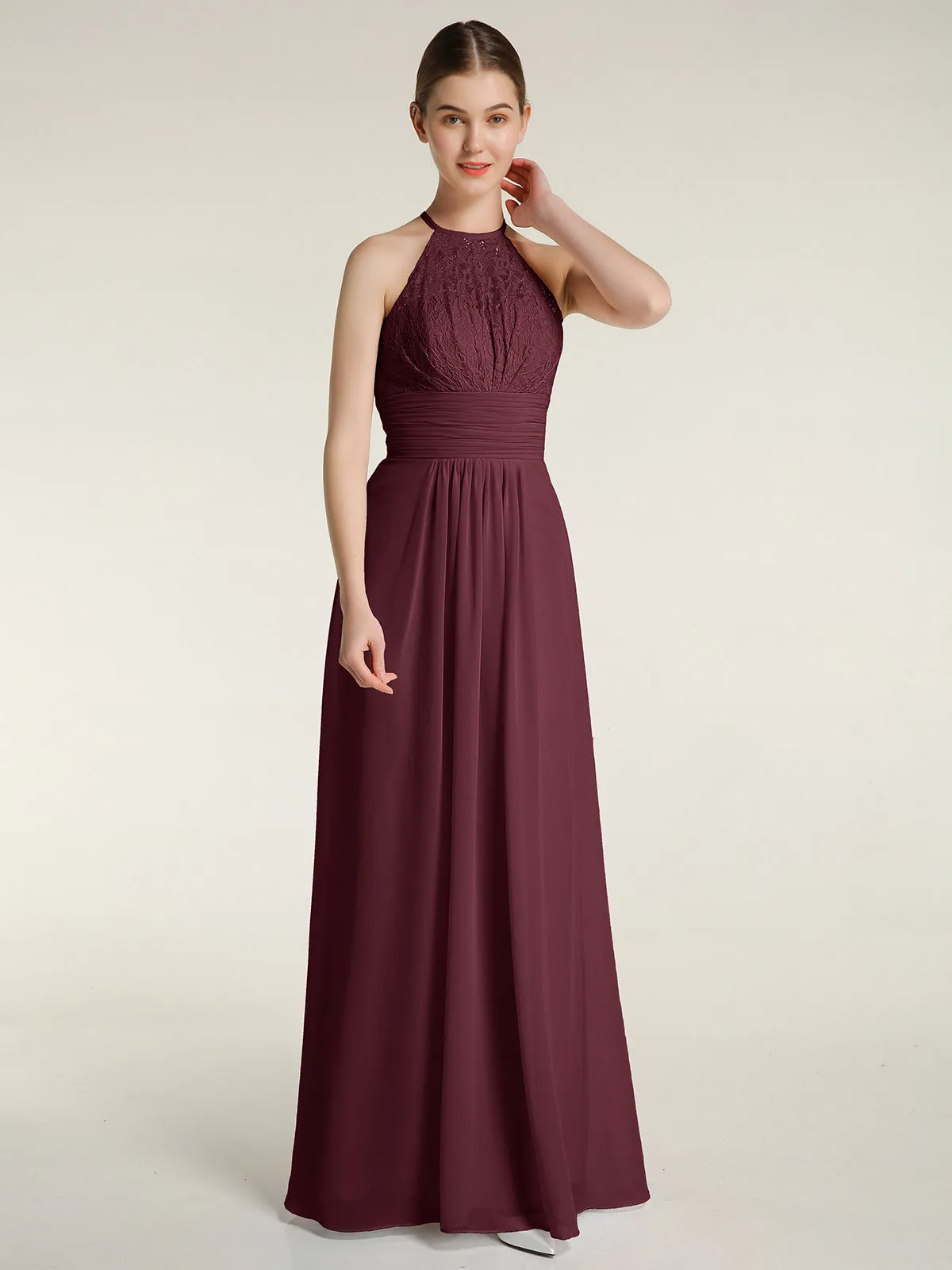 Halter Chiffon And Lace Long Dresses Cabernet