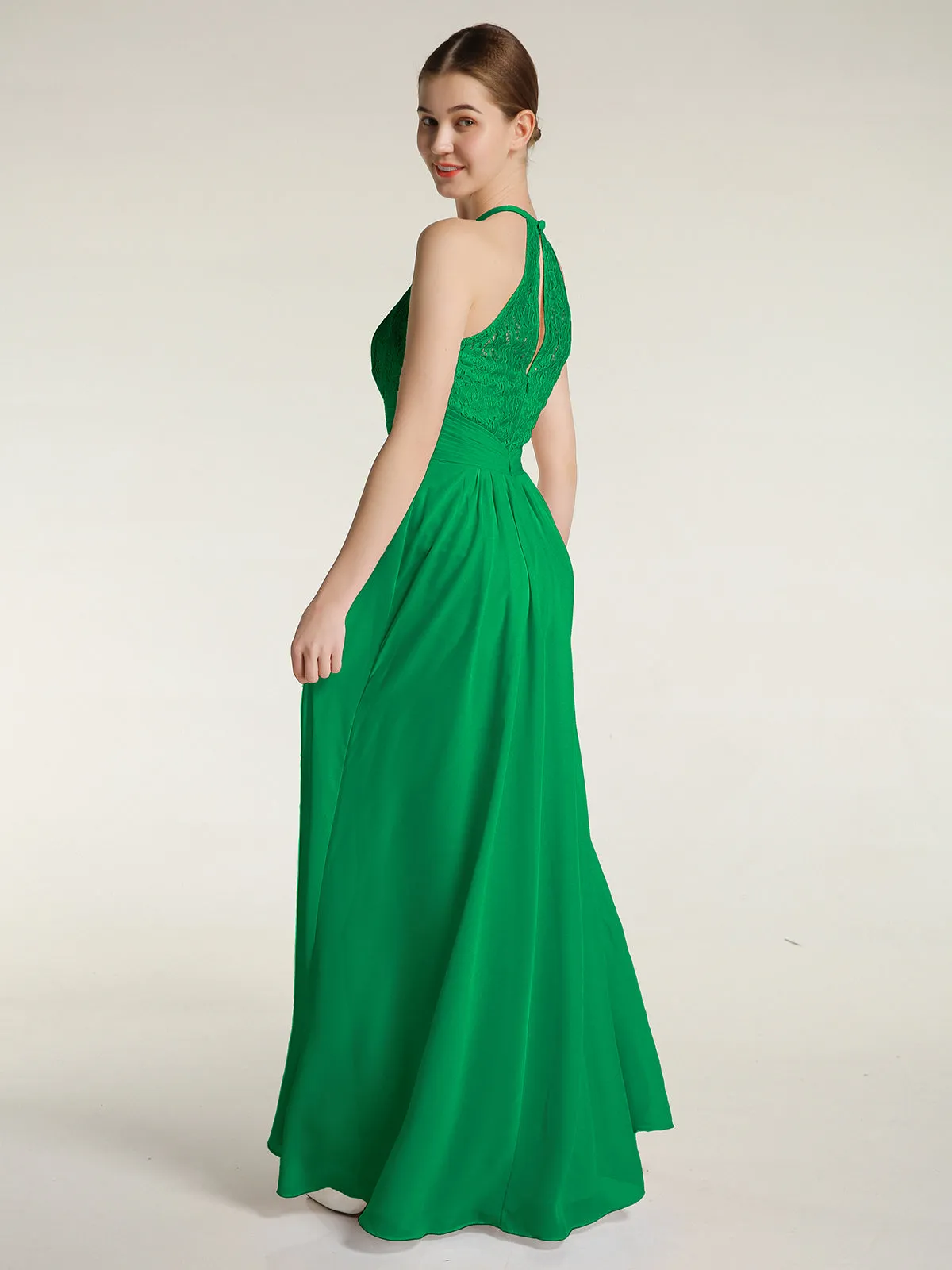Halter Chiffon And Lace Long Dresses Emerald