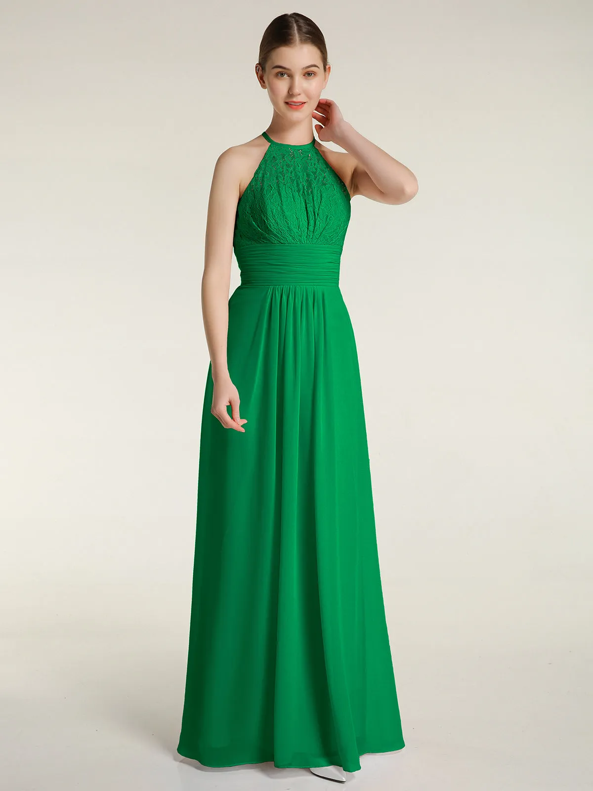 Halter Chiffon And Lace Long Dresses Emerald
