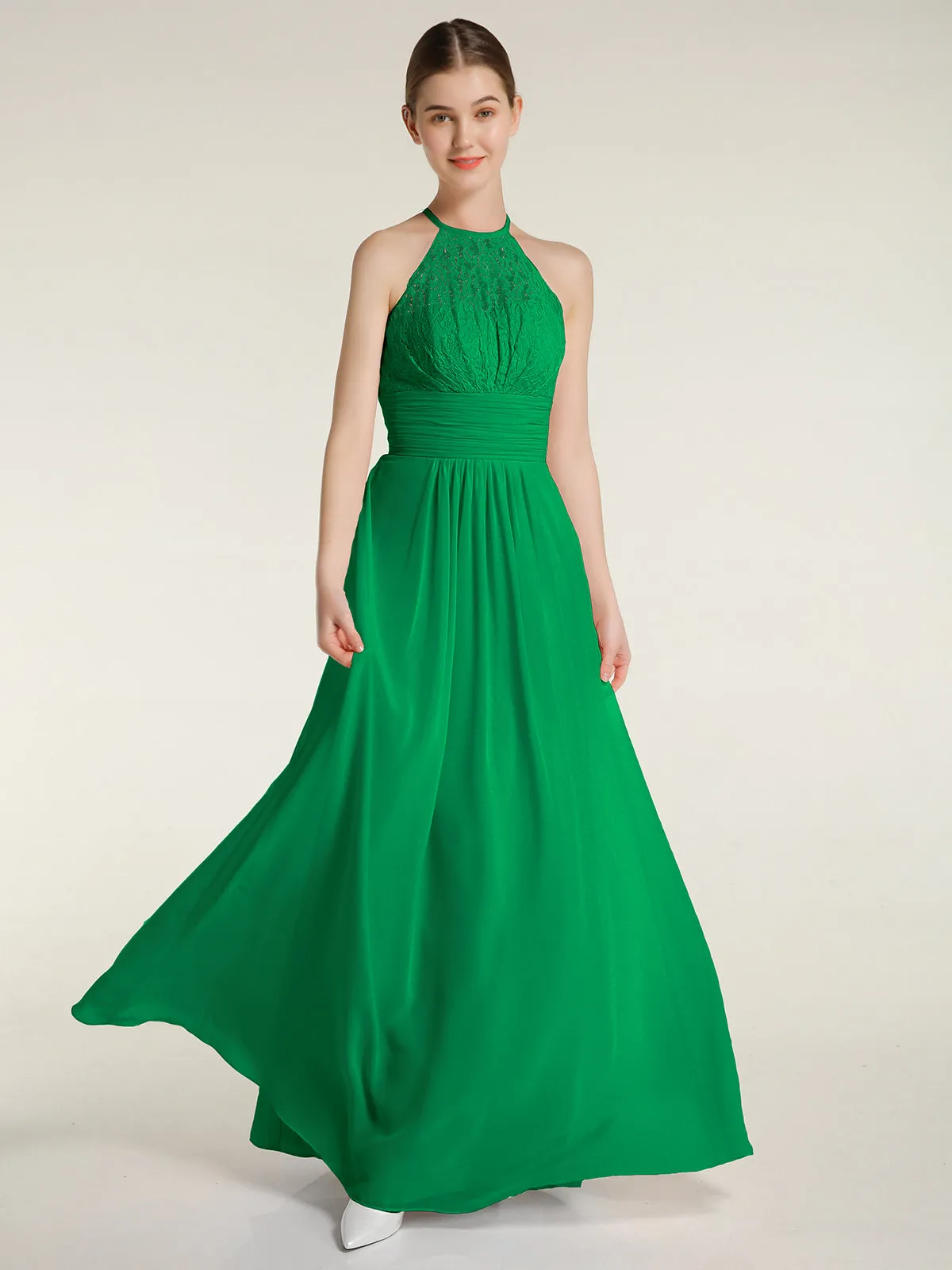 Halter Chiffon And Lace Long Dresses Emerald