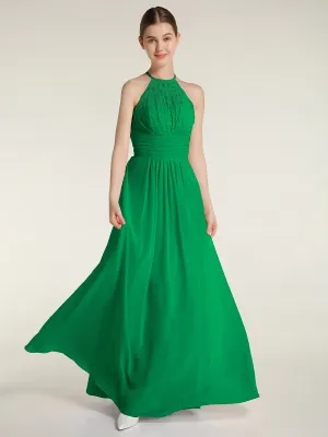 Halter Chiffon And Lace Long Dresses Emerald