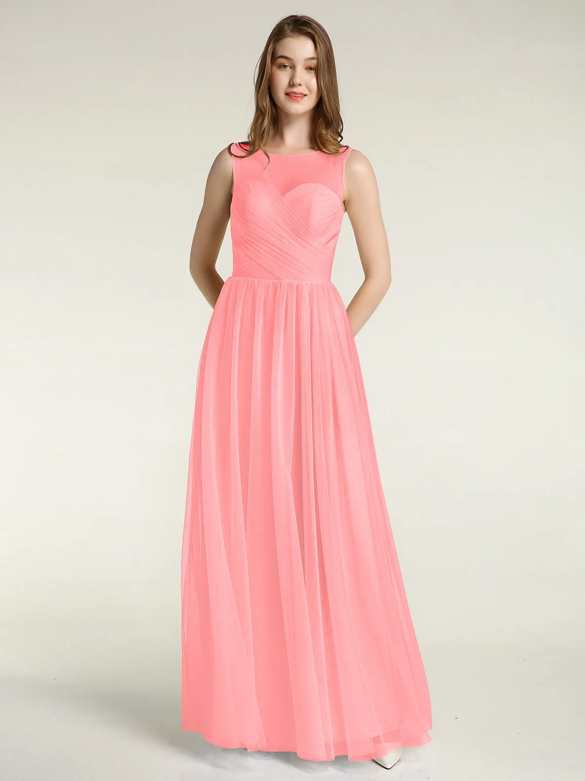 Illusion Neck Cross Tulle Bridesmaid Dresses-Flamingo Plus Size