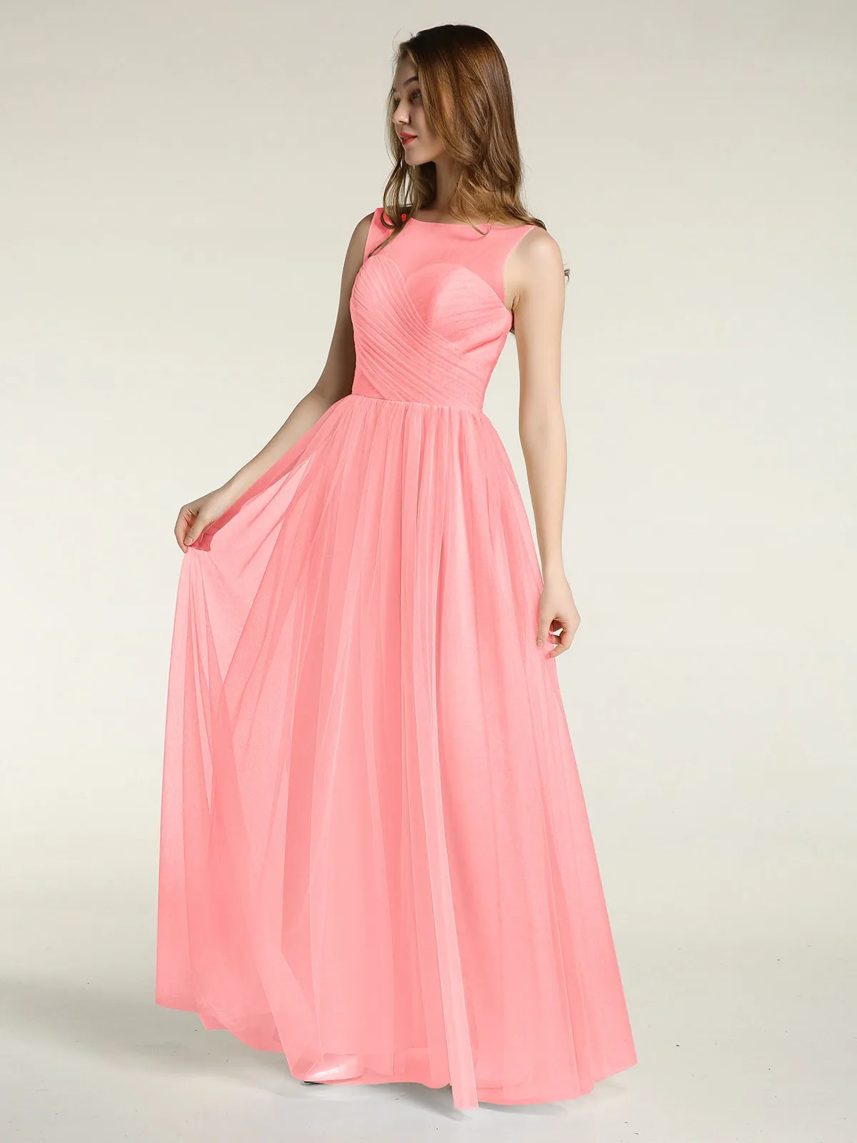 Illusion Neck Cross Tulle Bridesmaid Dresses-Flamingo Plus Size