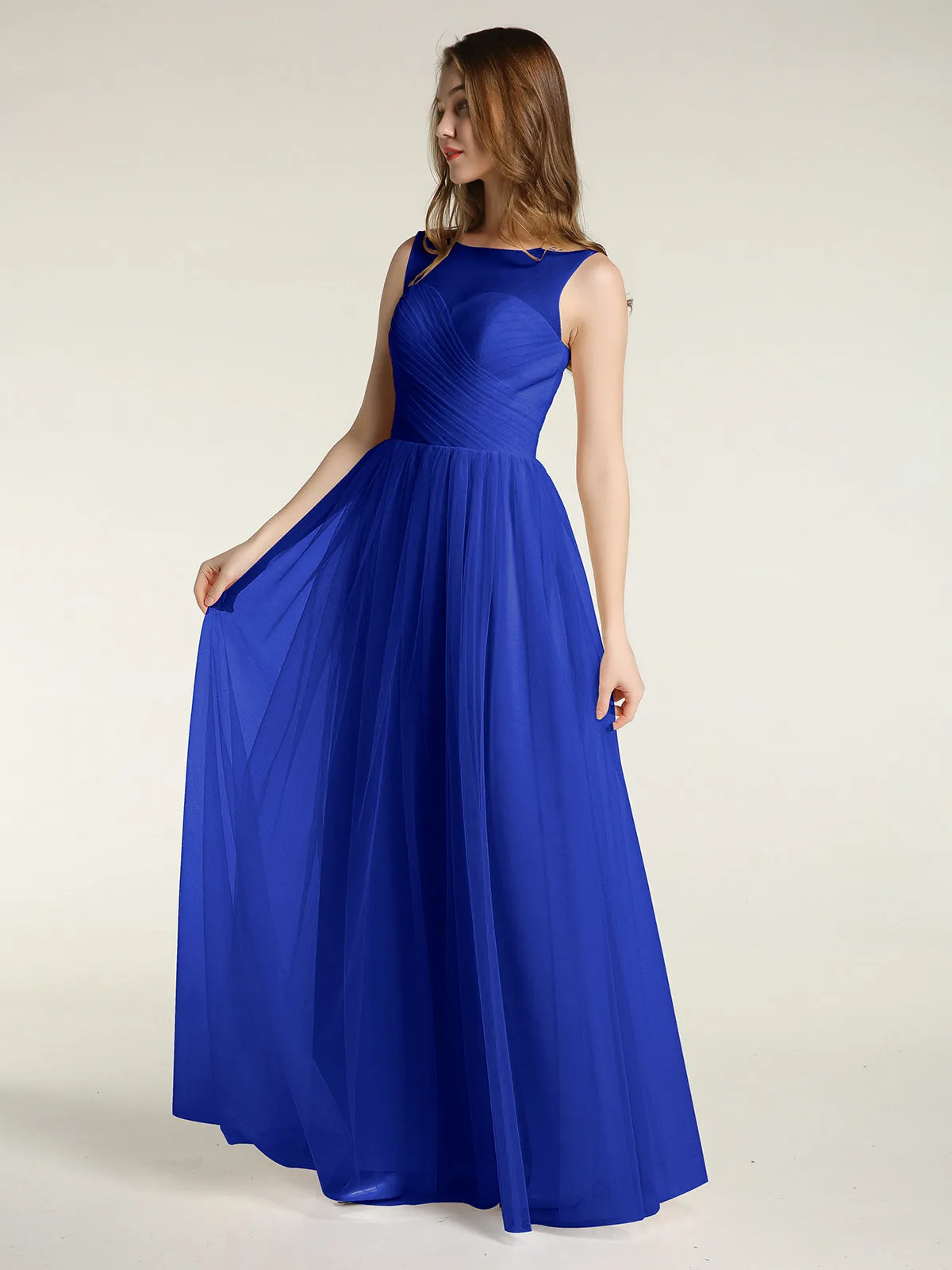 Illusion Neck Cross Tulle Bridesmaid Dresses-Royal Blue Plus Size