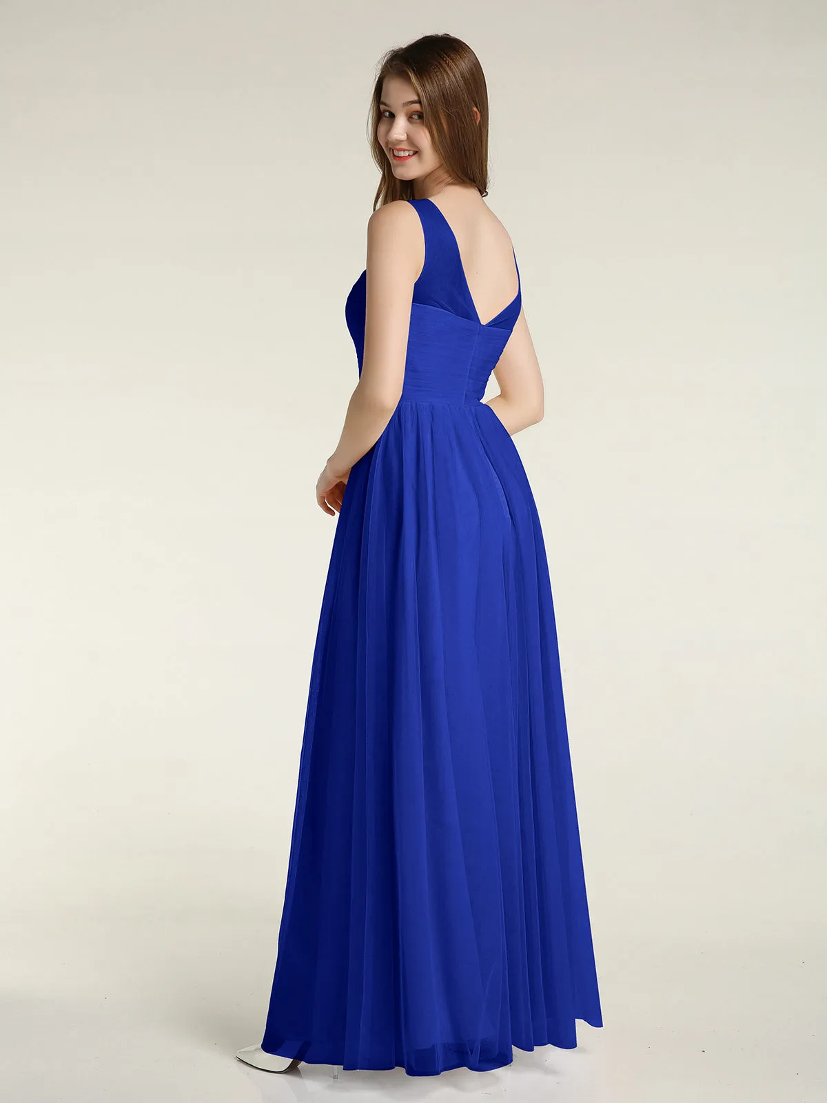 Illusion Neck Cross Tulle Bridesmaid Dresses-Royal Blue Plus Size