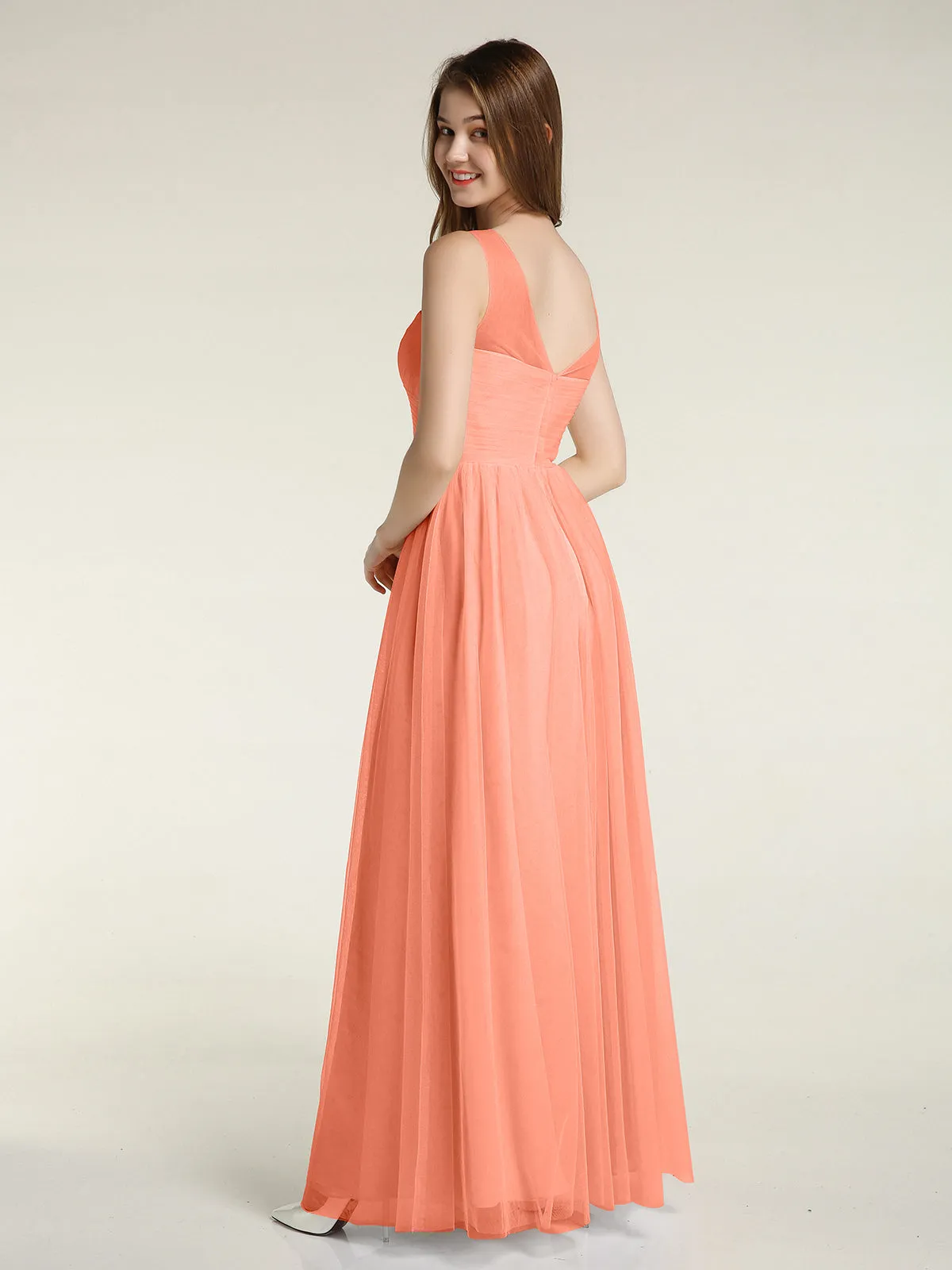 Illusion Neck Cross Tulle Bridesmaid Dresses-Sunset