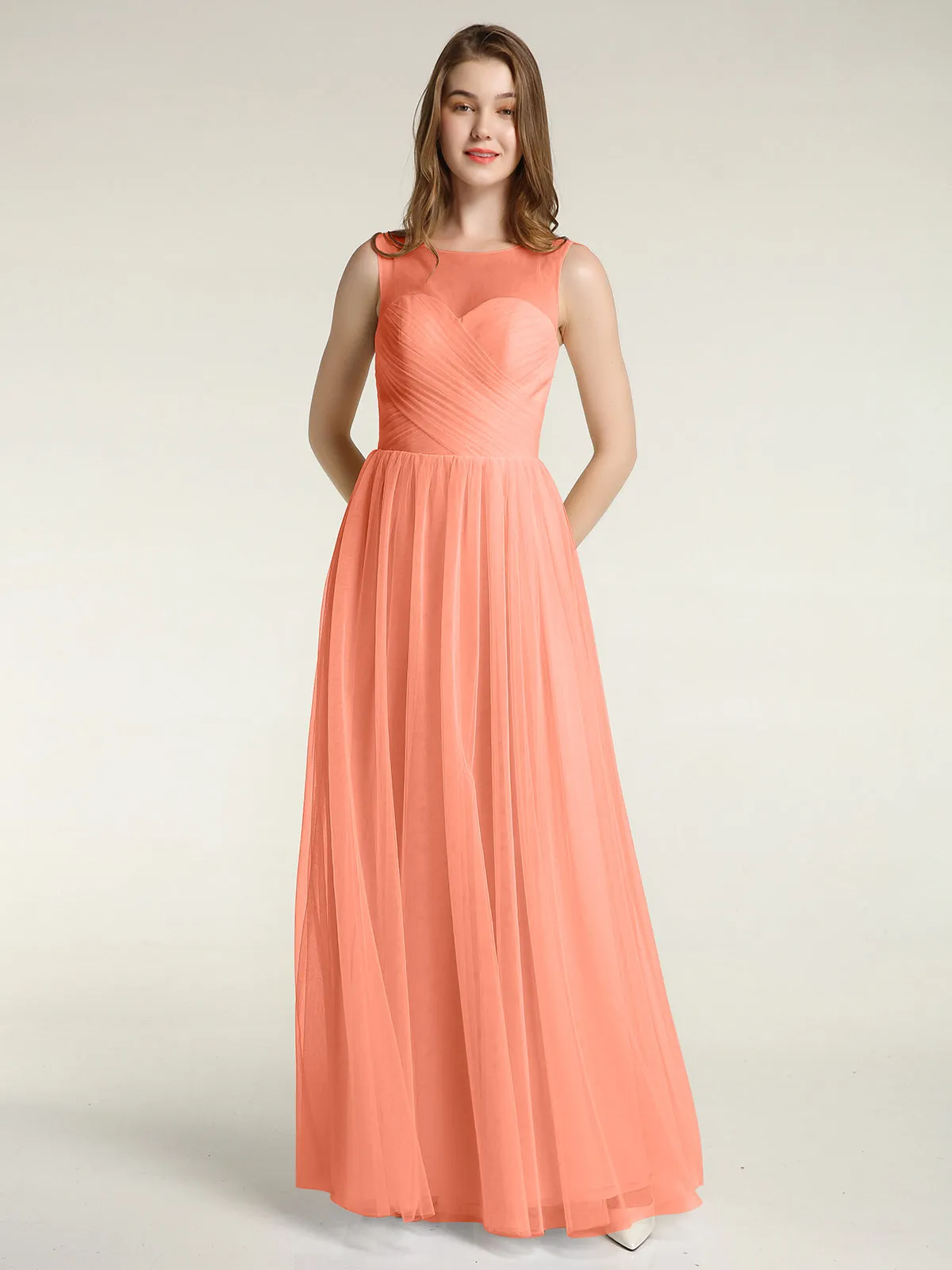 Illusion Neck Cross Tulle Bridesmaid Dresses-Sunset