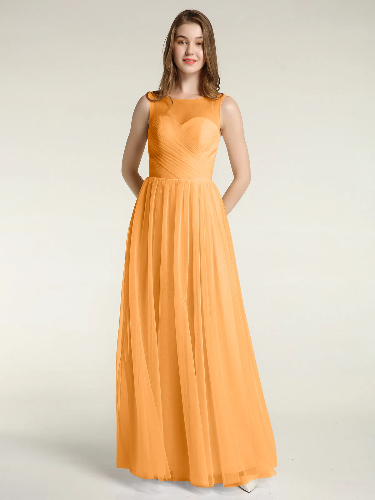 Illusion Neck Cross Tulle Bridesmaid Dresses-Tangerine