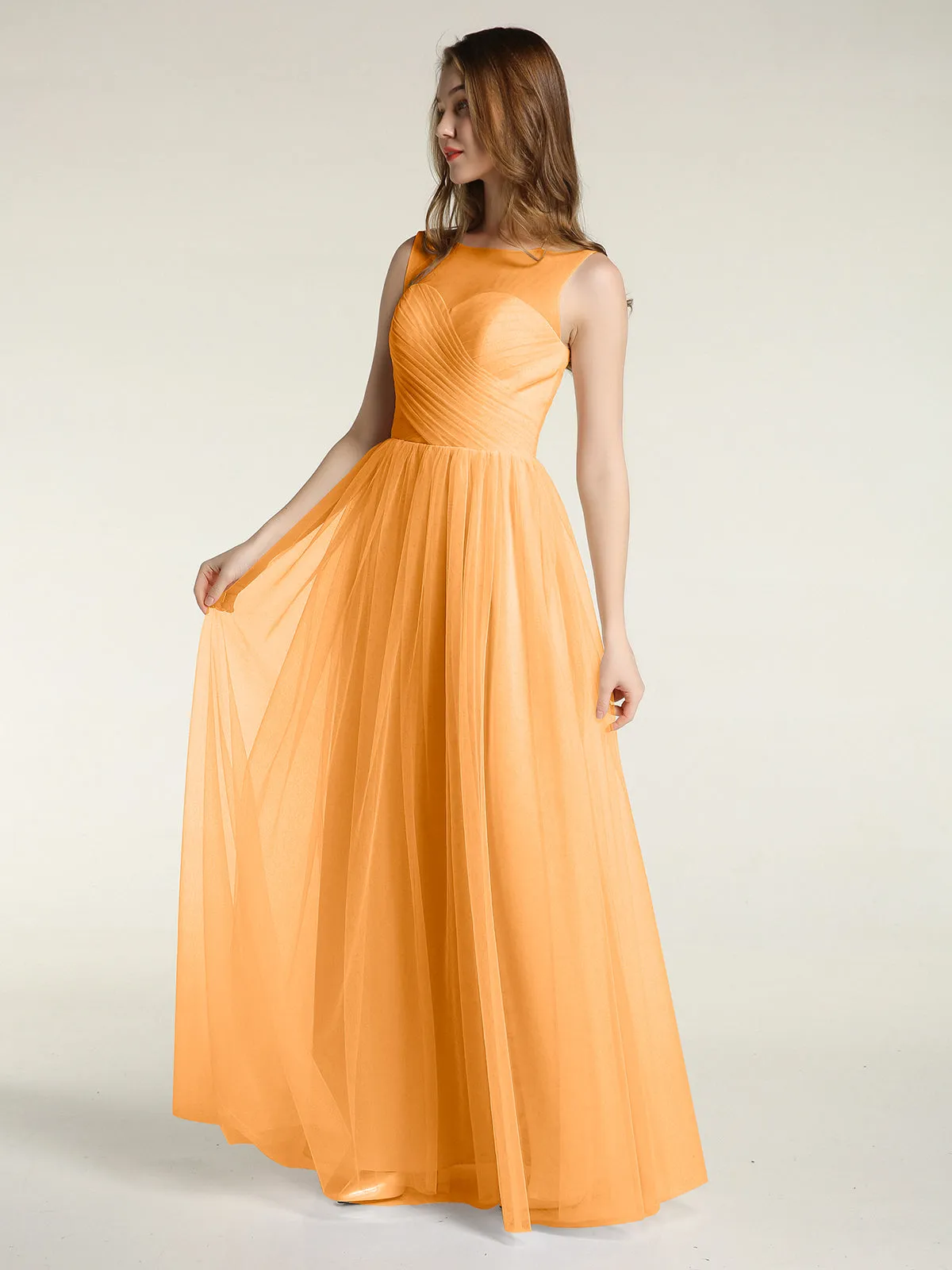 Illusion Neck Cross Tulle Bridesmaid Dresses-Tangerine