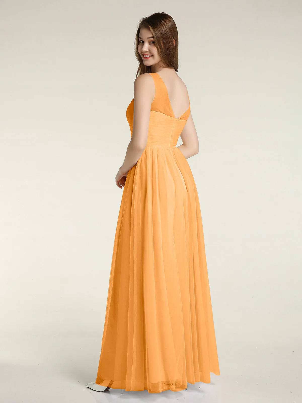 Illusion Neck Cross Tulle Bridesmaid Dresses-Tangerine