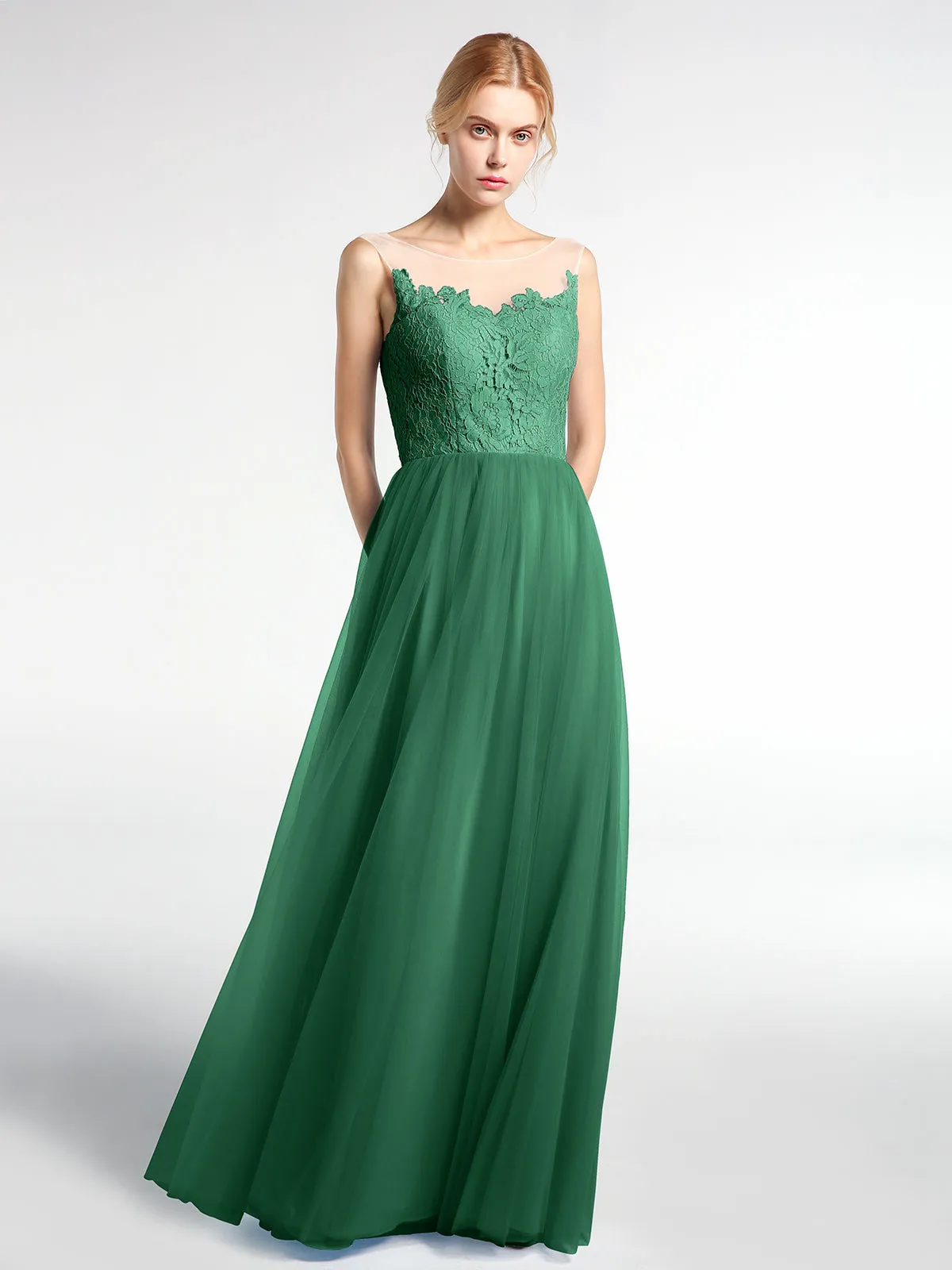 Illusion Neckline Lace and Tulle Maxi Dress-Dark Green