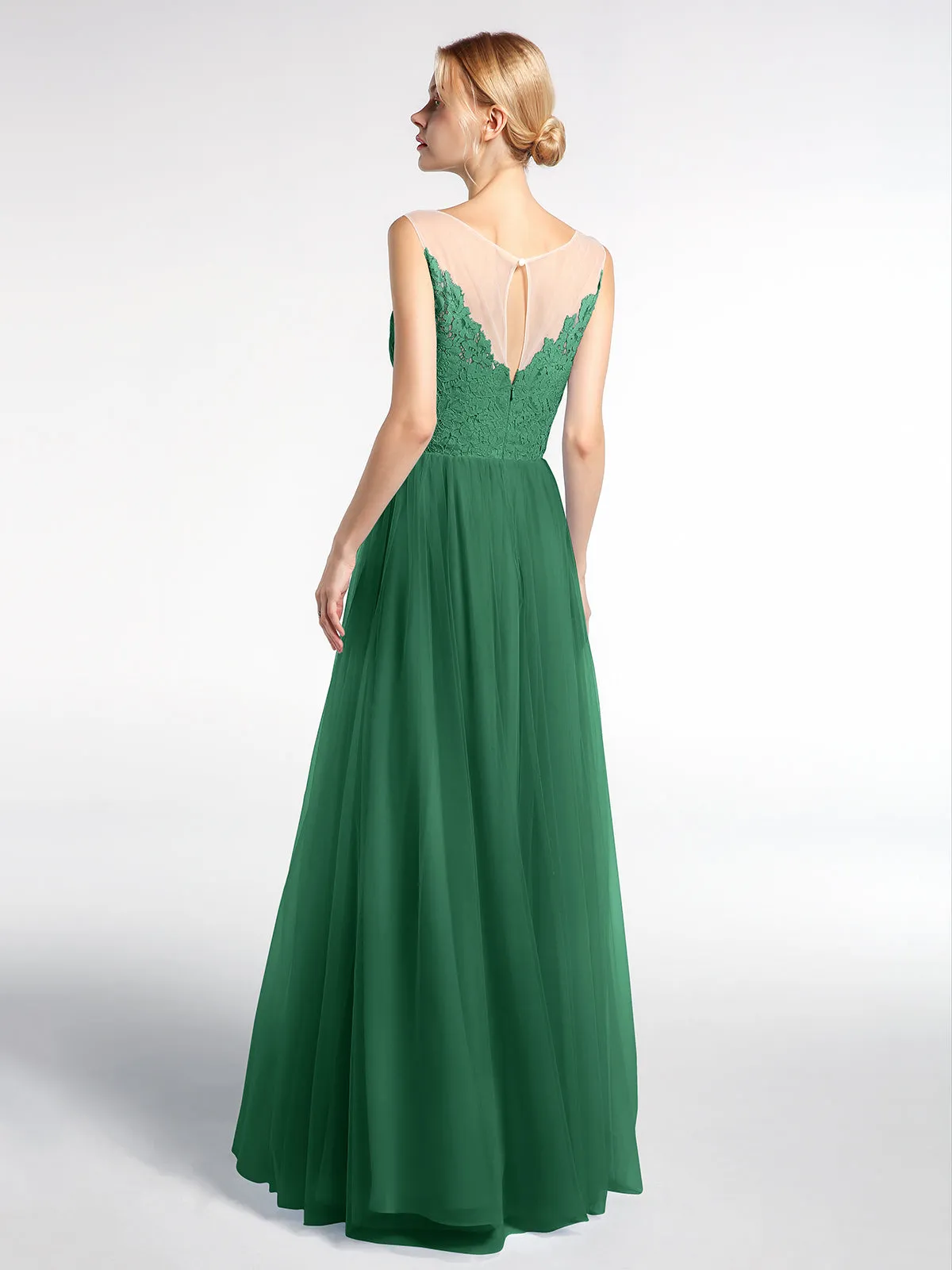 Illusion Neckline Lace and Tulle Maxi Dress-Dark Green