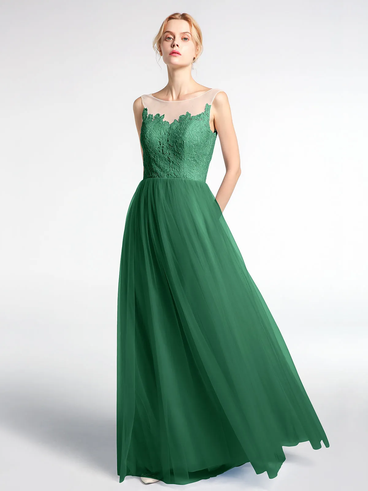 Illusion Neckline Lace and Tulle Maxi Dress-Dark Green