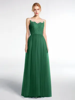Illusion Neckline Lace and Tulle Maxi Dress-Dark Green