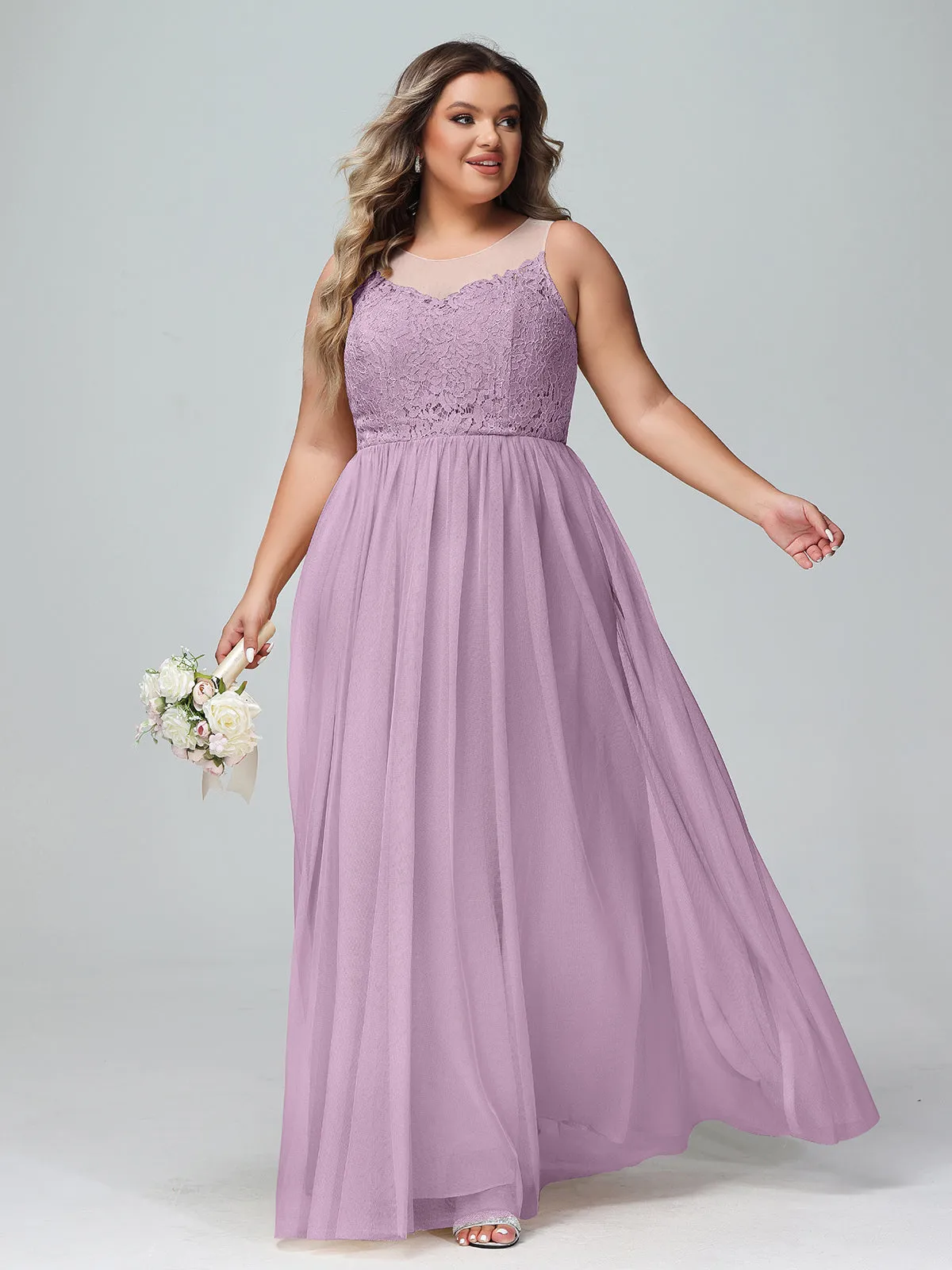 Illusion Neckline Lace and Tulle Maxi Dress-Wisteria Plus Size