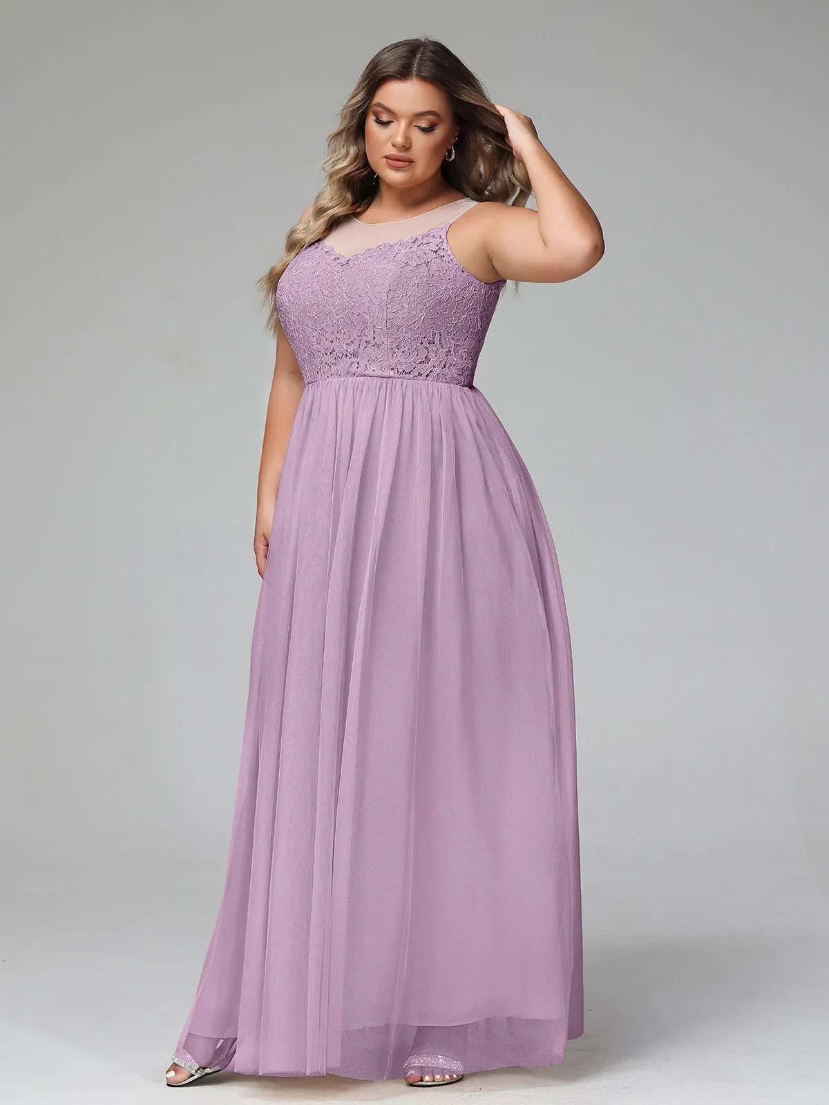 Illusion Neckline Lace and Tulle Maxi Dress-Wisteria Plus Size