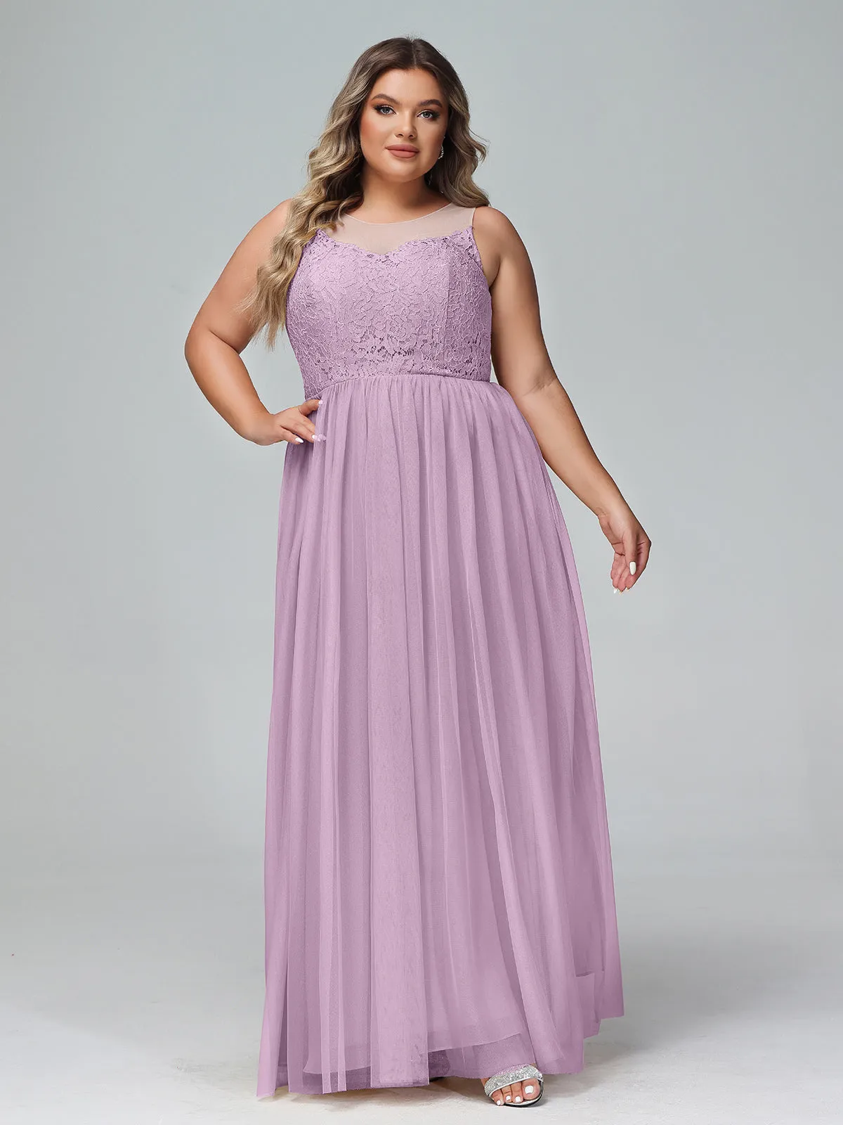 Illusion Neckline Lace and Tulle Maxi Dress-Wisteria Plus Size