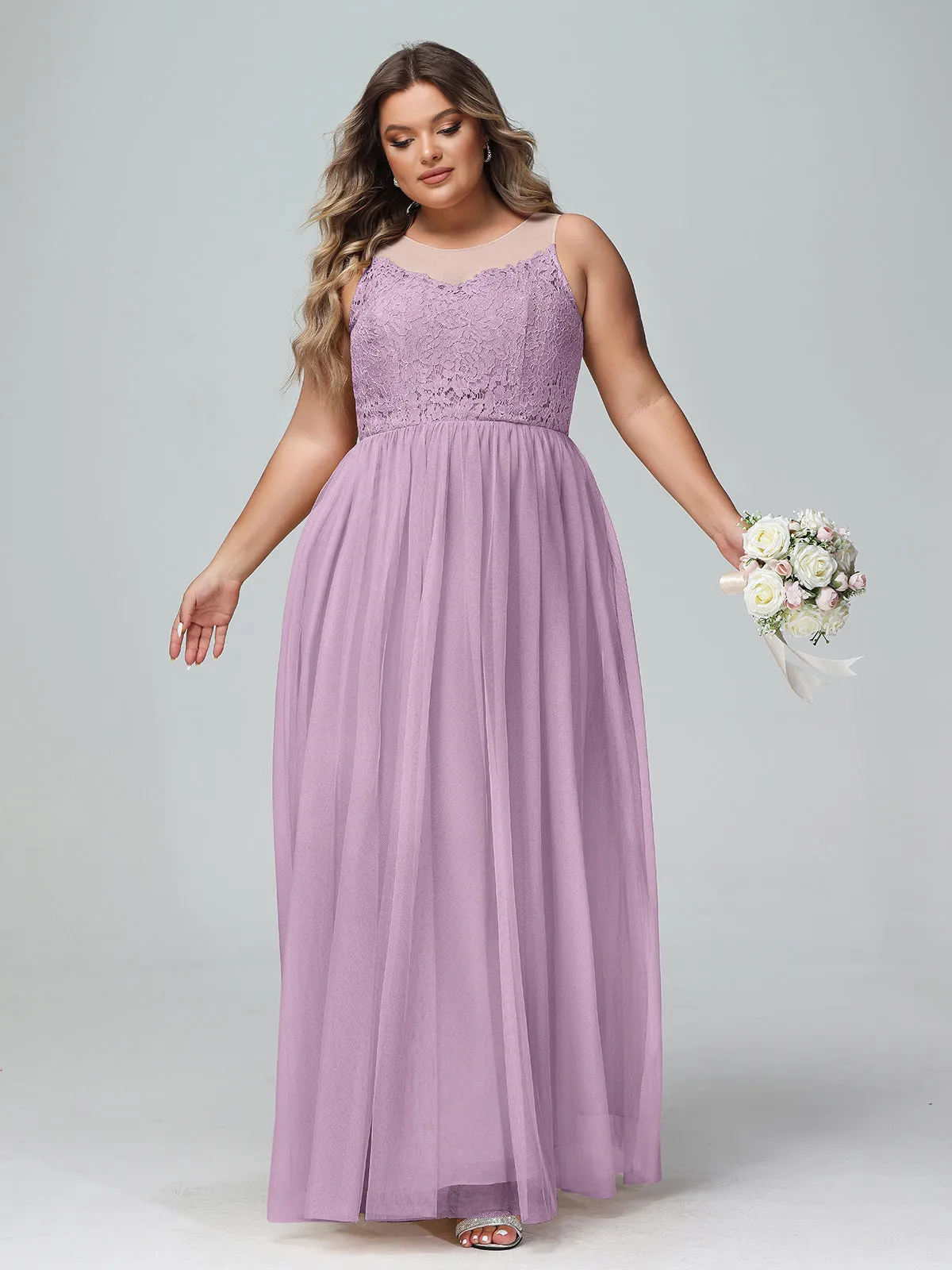 Illusion Neckline Lace and Tulle Maxi Dress-Wisteria Plus Size