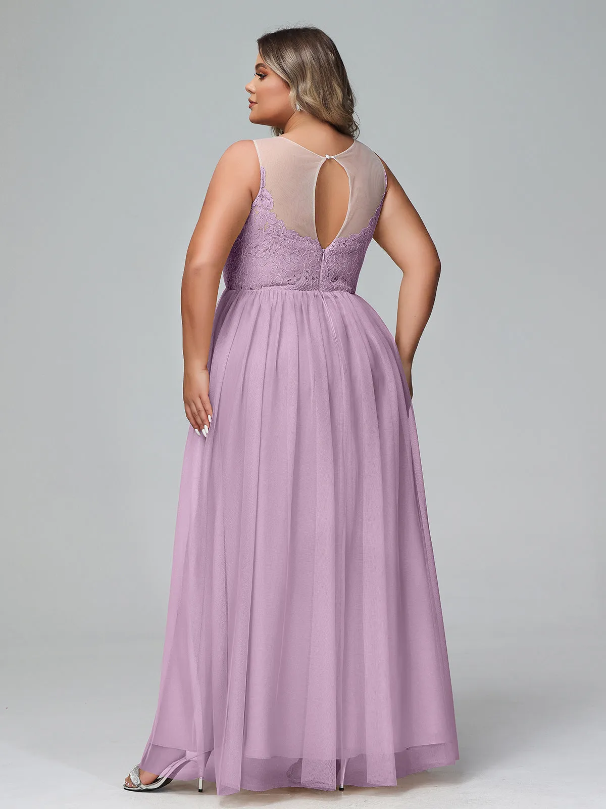 Illusion Neckline Lace and Tulle Maxi Dress-Wisteria Plus Size
