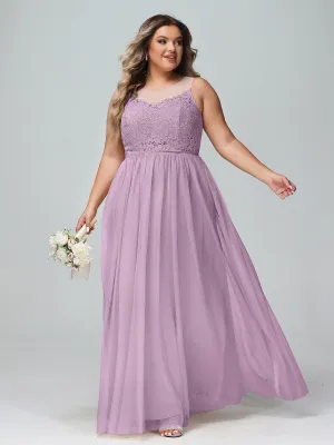 Illusion Neckline Lace and Tulle Maxi Dress-Wisteria Plus Size