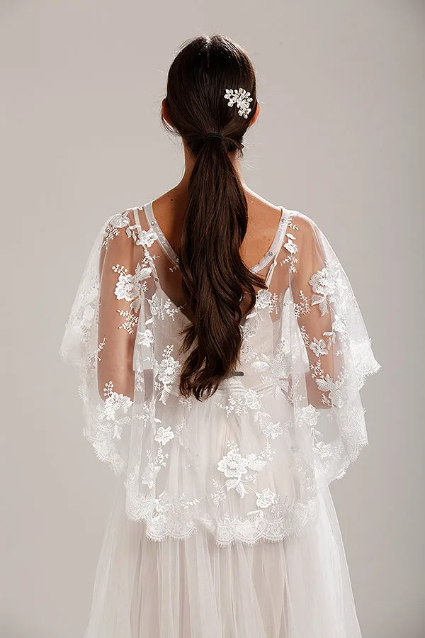 Ivory Lace Wedding Dress Capelet Bridal Shawl With Crystal Neckline Detail