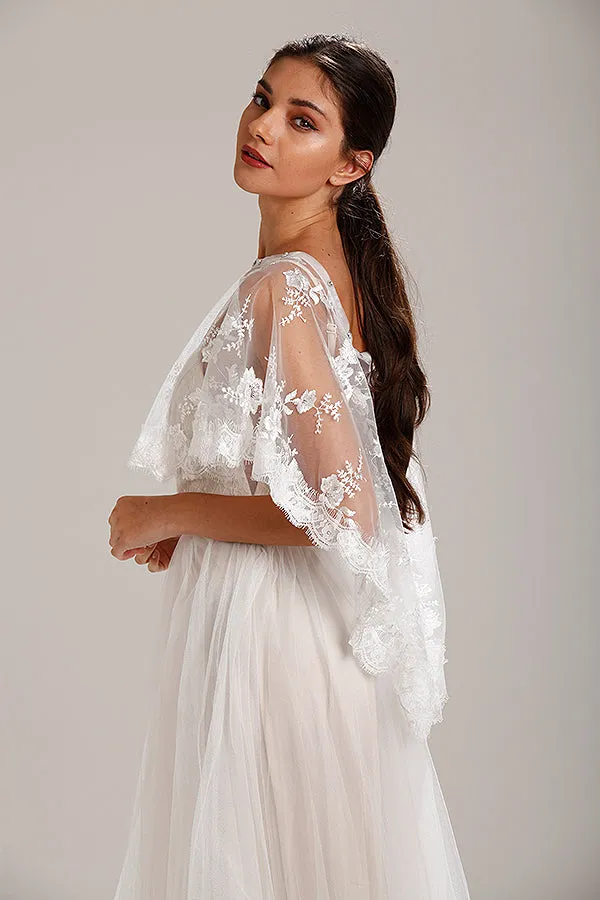 Ivory Lace Wedding Dress Capelet Bridal Shawl With Crystal Neckline Detail