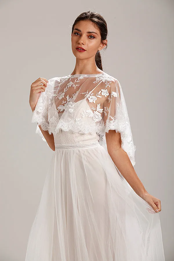 Ivory Lace Wedding Dress Capelet Bridal Shawl With Crystal Neckline Detail
