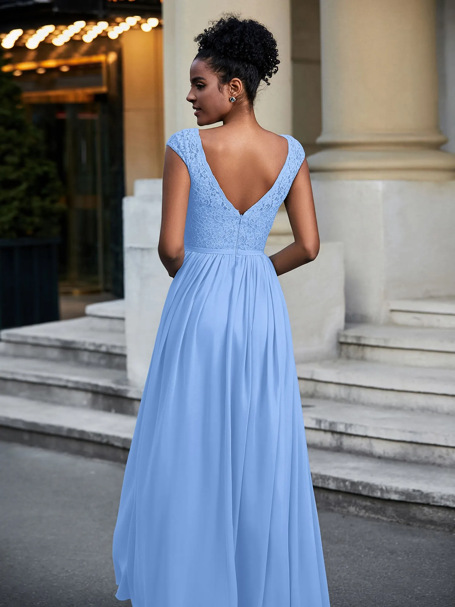 Lace and Chiffon Maxi Dress with Cap Sleeves-Blue