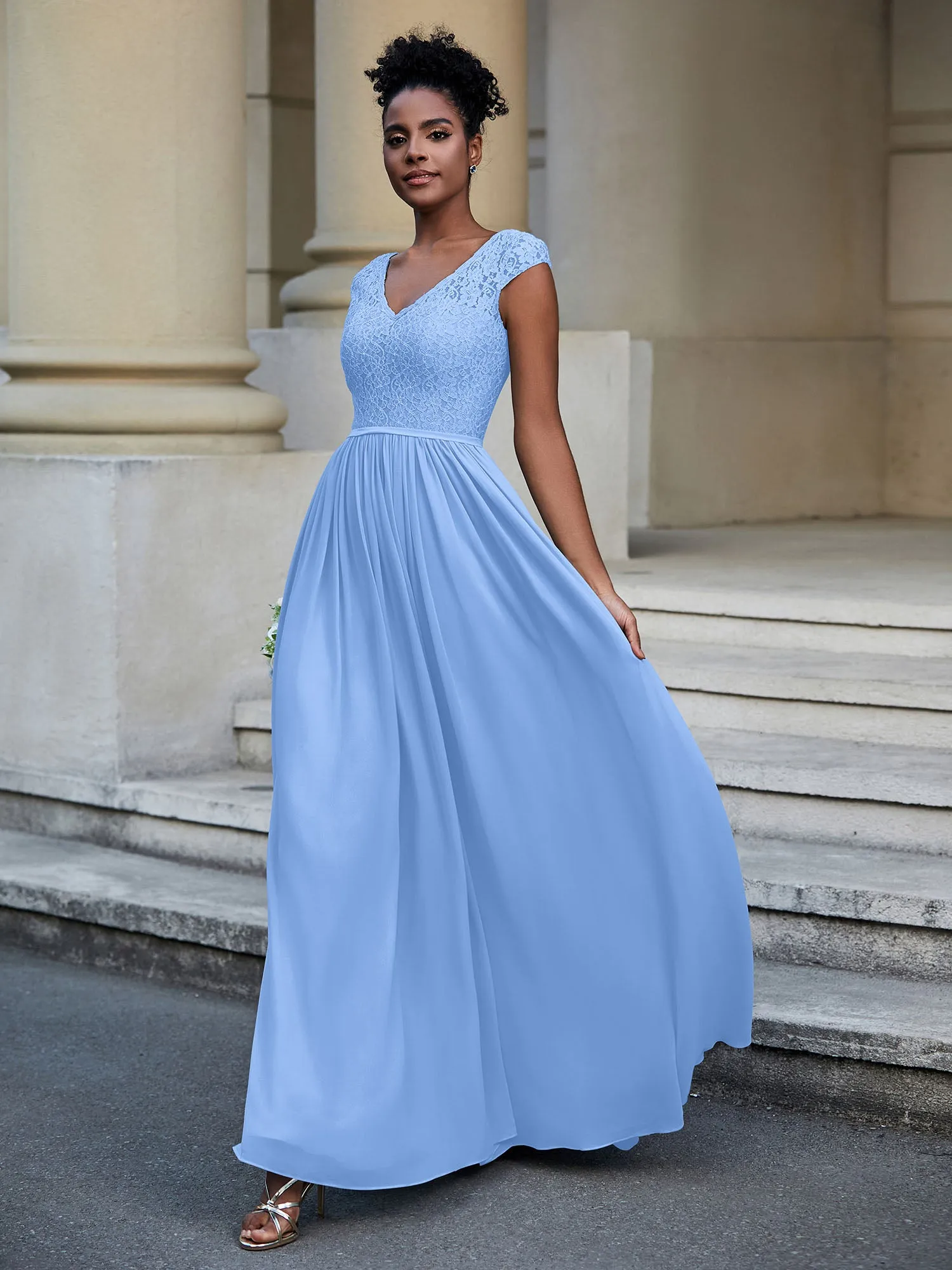 Lace and Chiffon Maxi Dress with Cap Sleeves-Blue