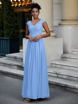 Lace and Chiffon Maxi Dress with Cap Sleeves-Blue