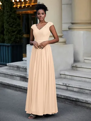 Lace and Chiffon Maxi Dress with Cap Sleeves-Peach