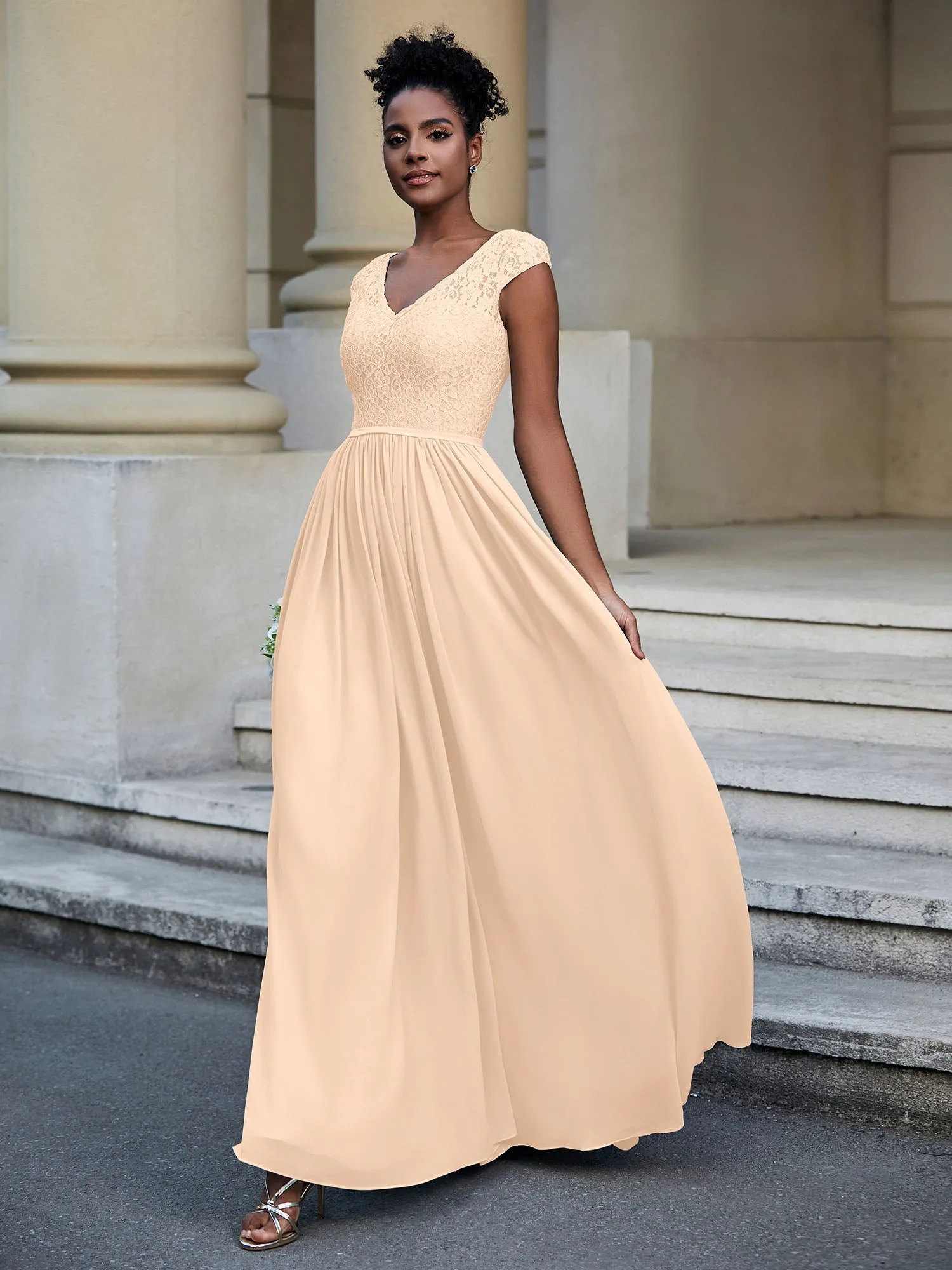 Lace and Chiffon Maxi Dress with Cap Sleeves-Peach