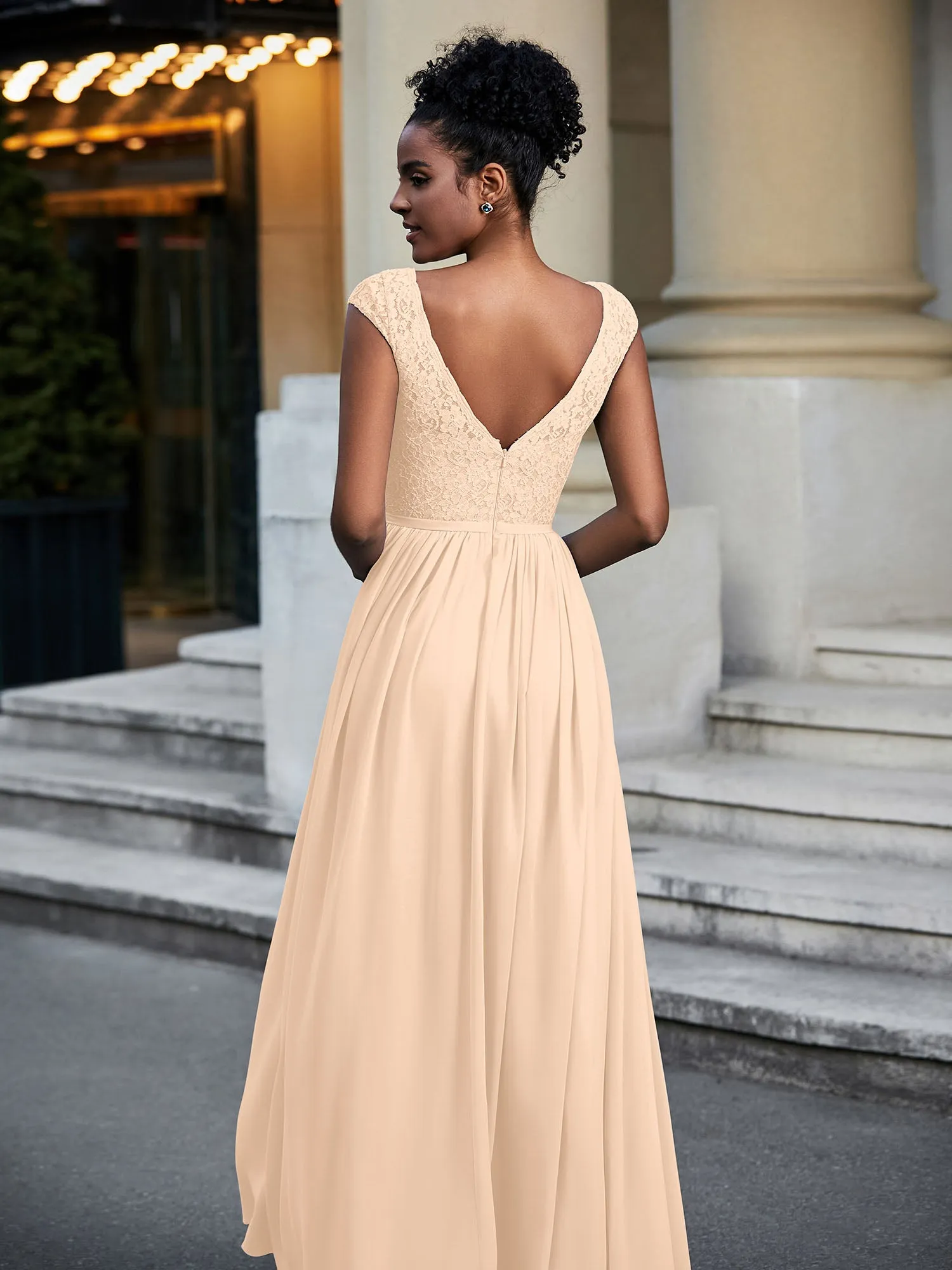 Lace and Chiffon Maxi Dress with Cap Sleeves-Peach